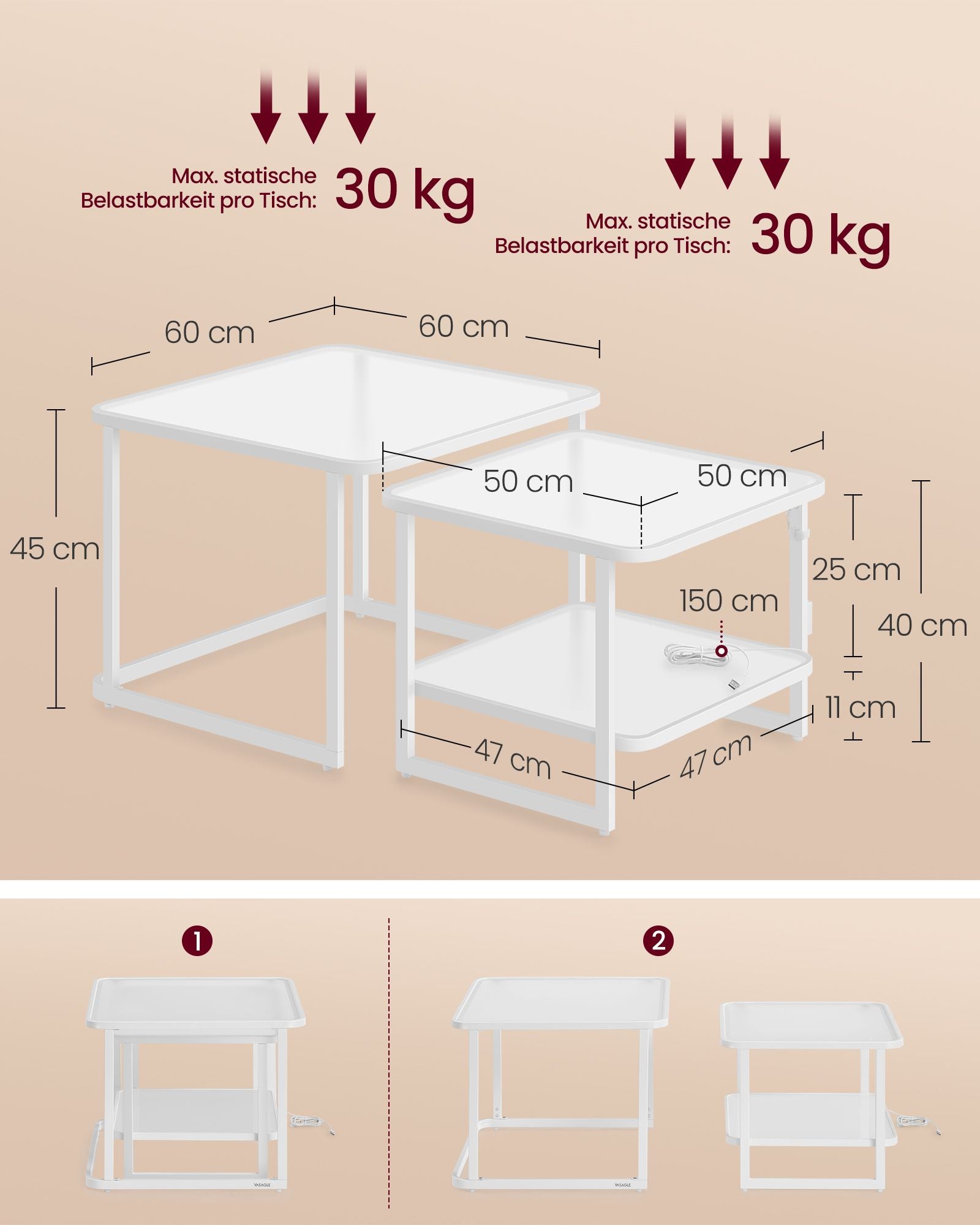 Coffee table set of 2 with LED light cloud white-parel white