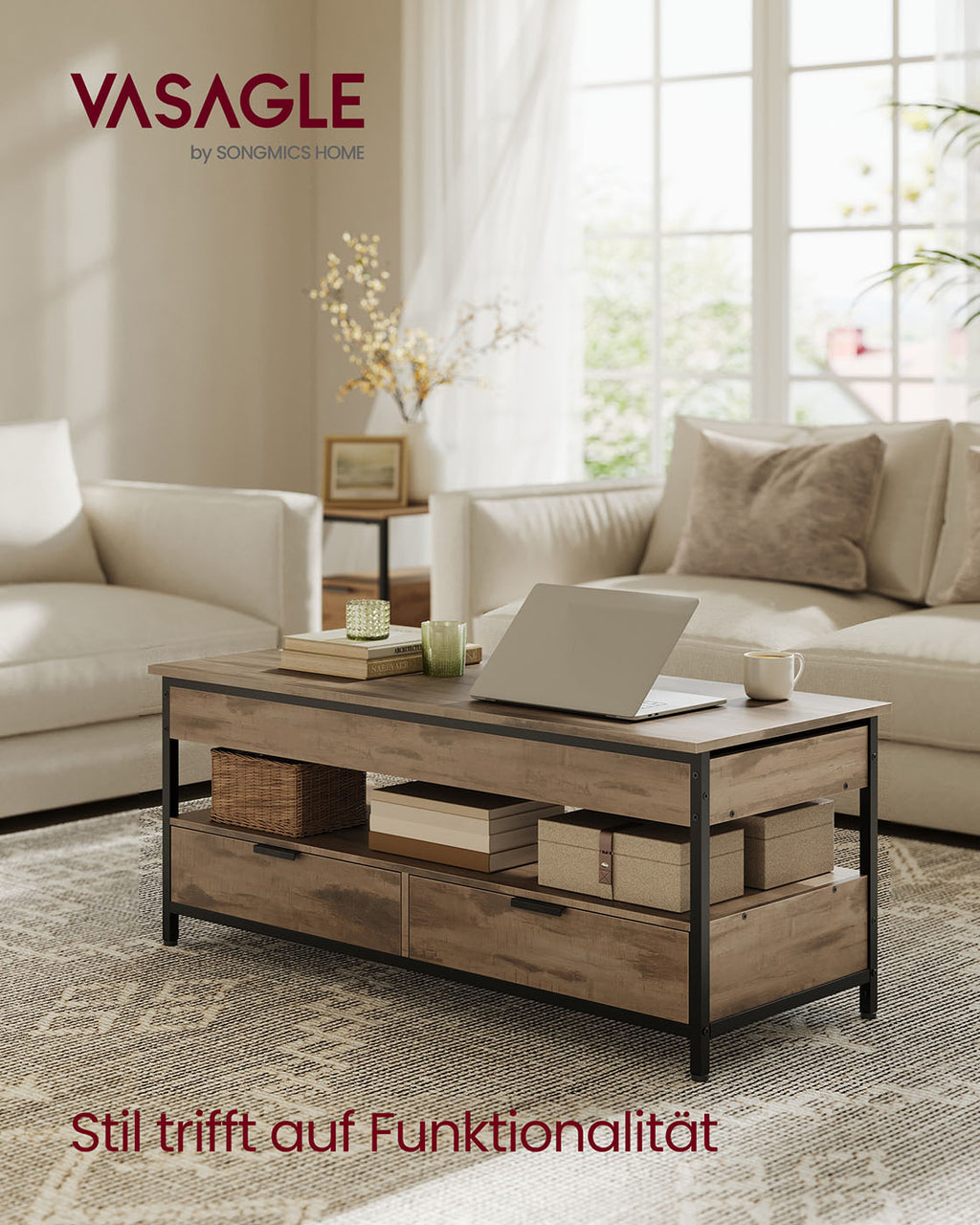 Coffee table with drawers 50 x 120 cm Camel brown-ink black