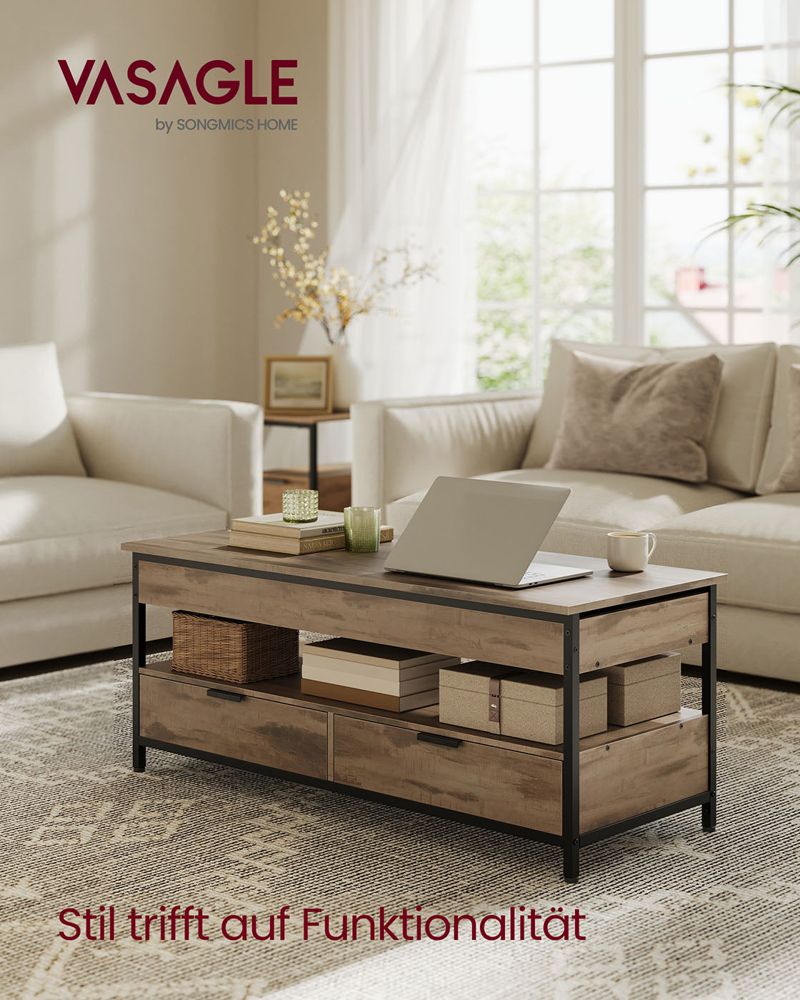 Coffee table with drawers 50 x 120 cm Camel brown-ink black