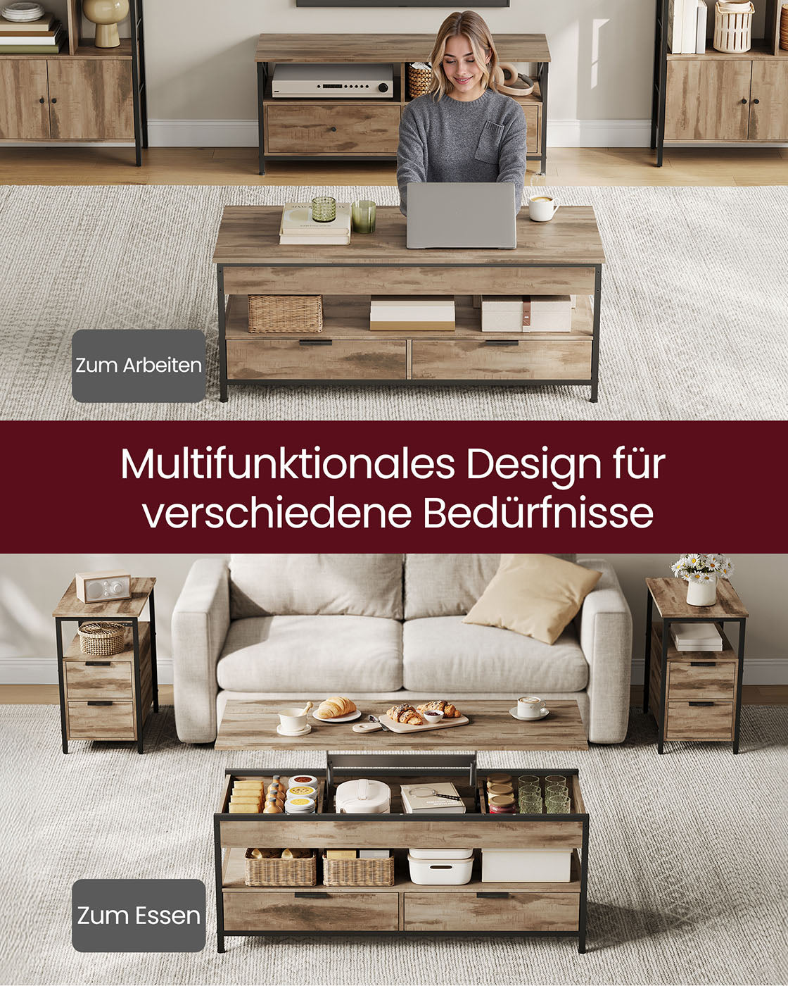 Coffee table with drawers 50 x 120 cm Camel brown-ink black