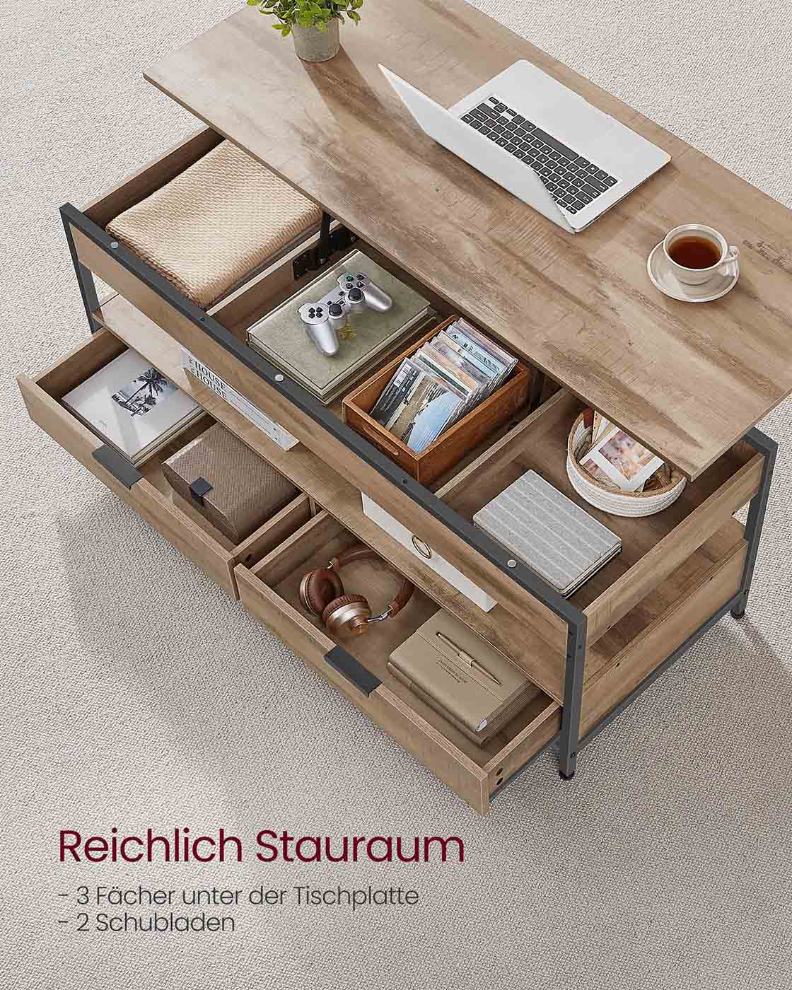 Coffee table with drawers 50 x 120 cm Camel brown-ink black