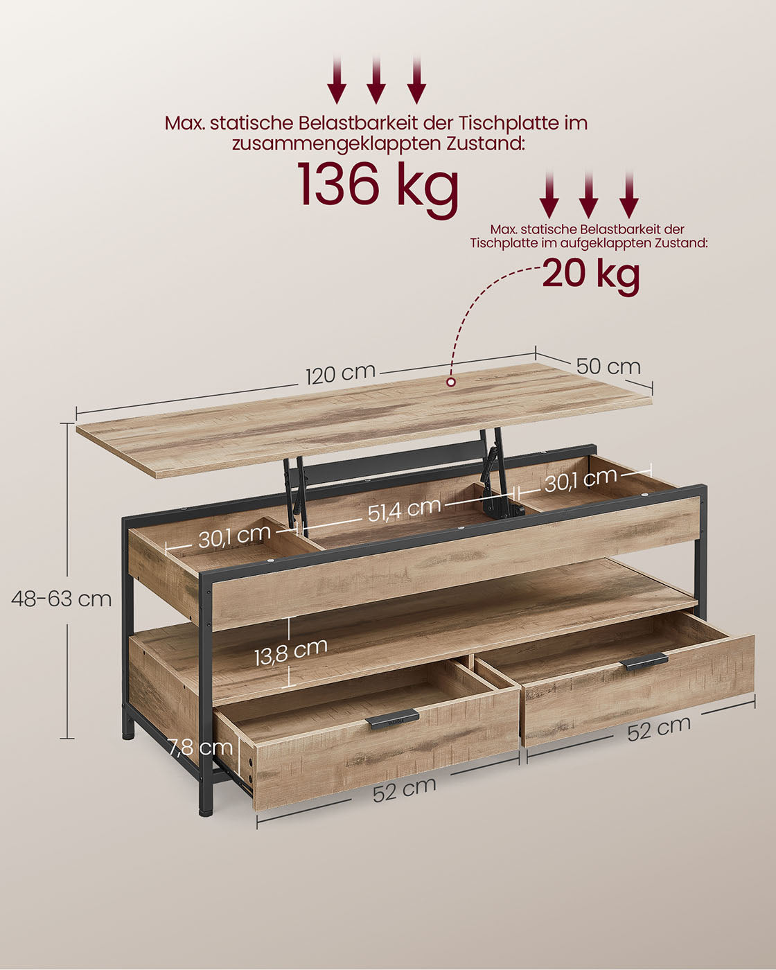 Coffee table with drawers 50 x 120 cm Camel brown-ink black