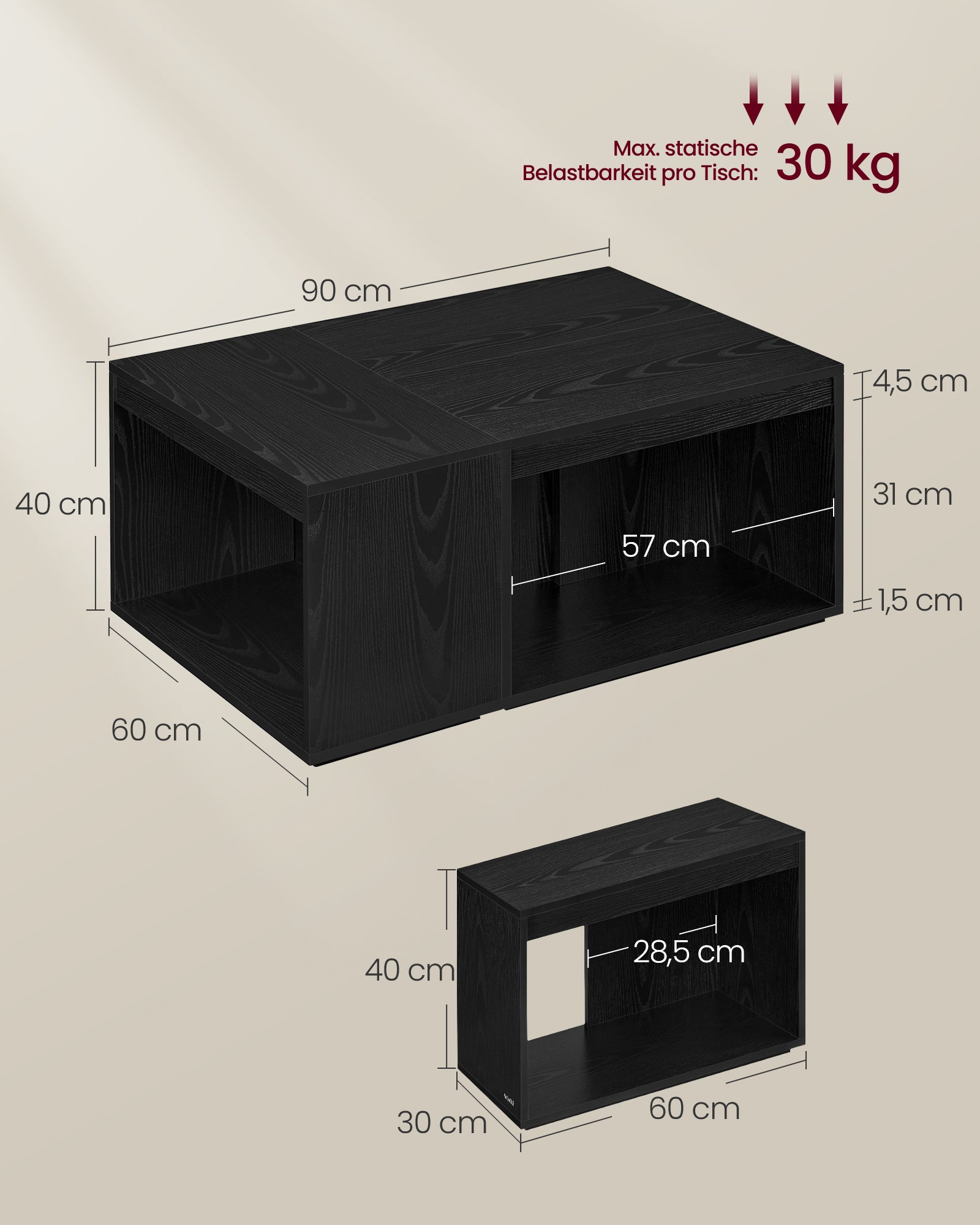 Coffee table set of 3 with storage space in Ebony Black