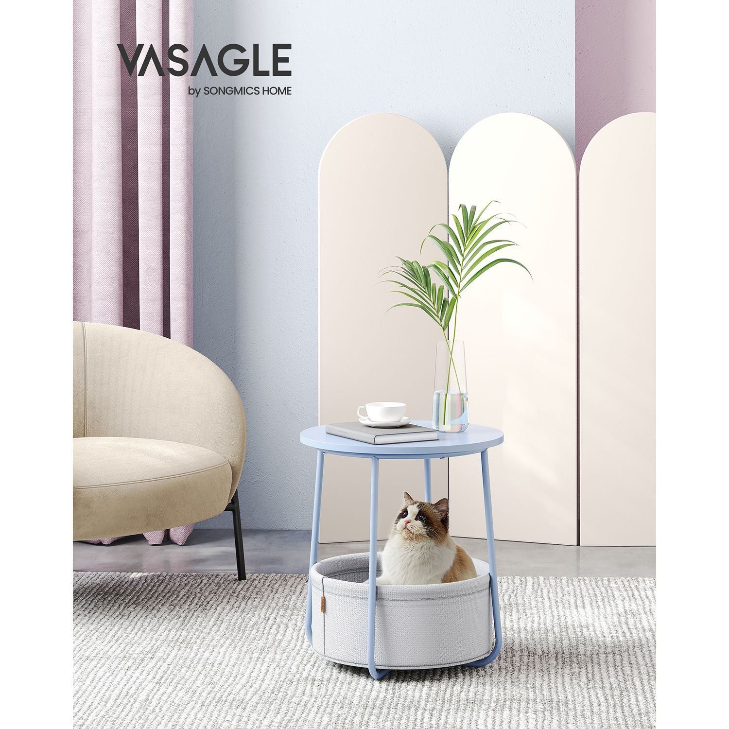 Round side table - With fabric basket - Metal frame - Blue
