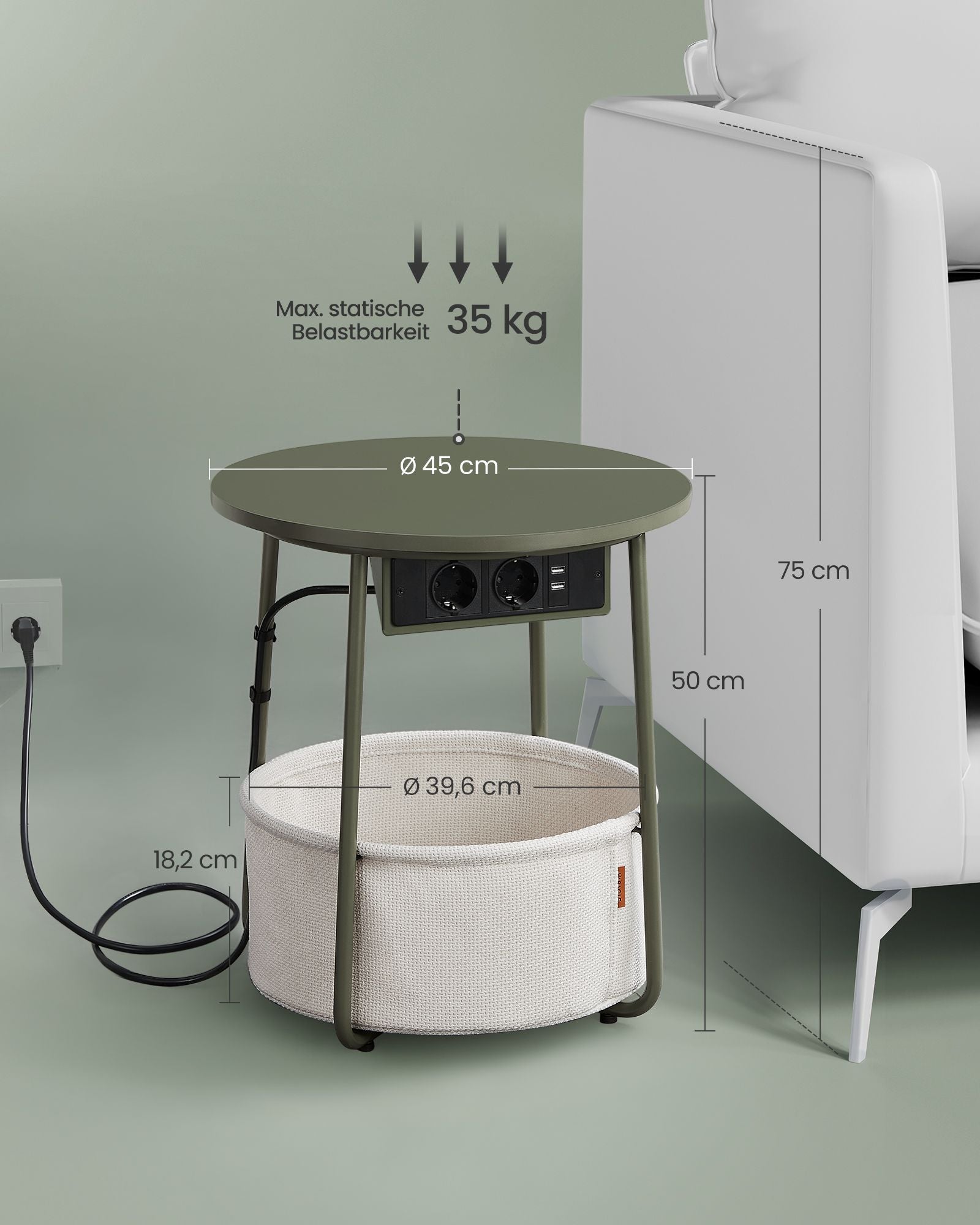 Side table - with charging station & socket - Bosgroen & Crèmwit