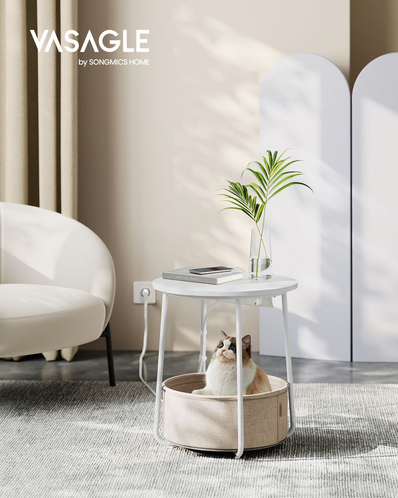Side table - bedside table - with charging station and socket - with basket - white