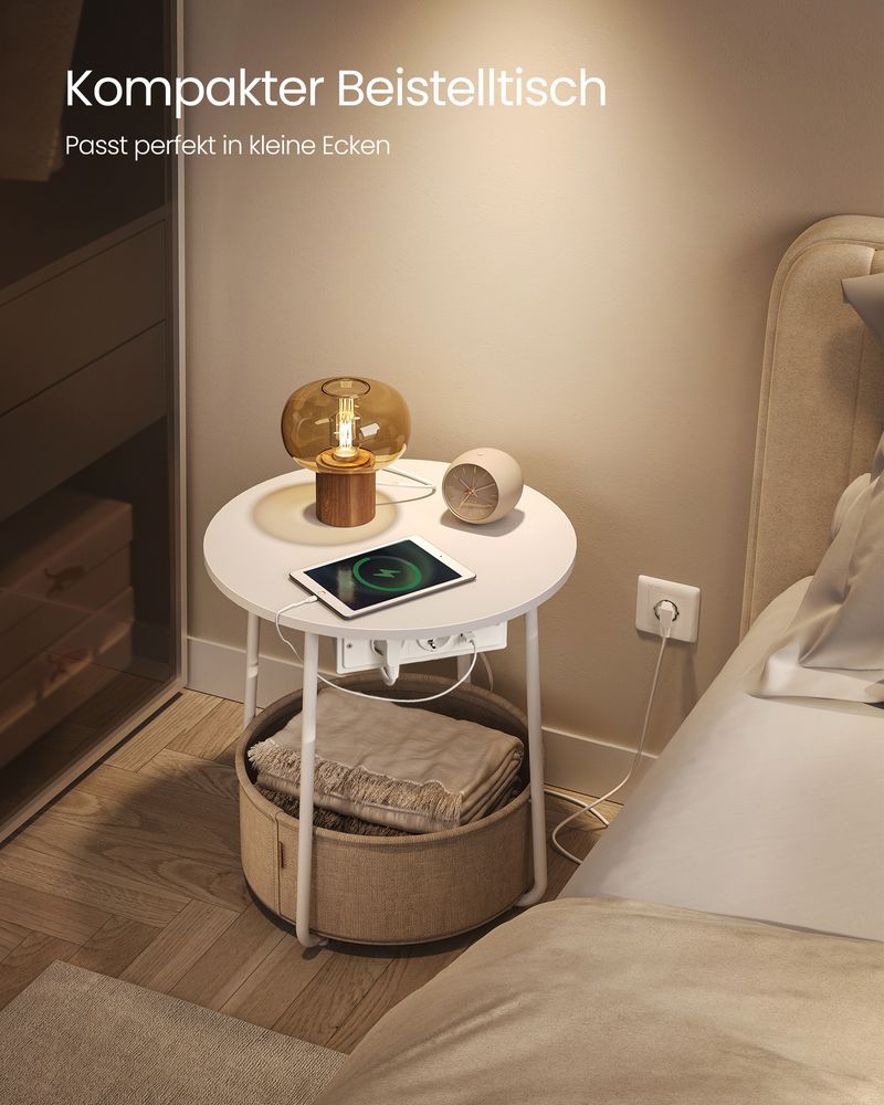 Side table - bedside table - with charging station and socket - with basket - white