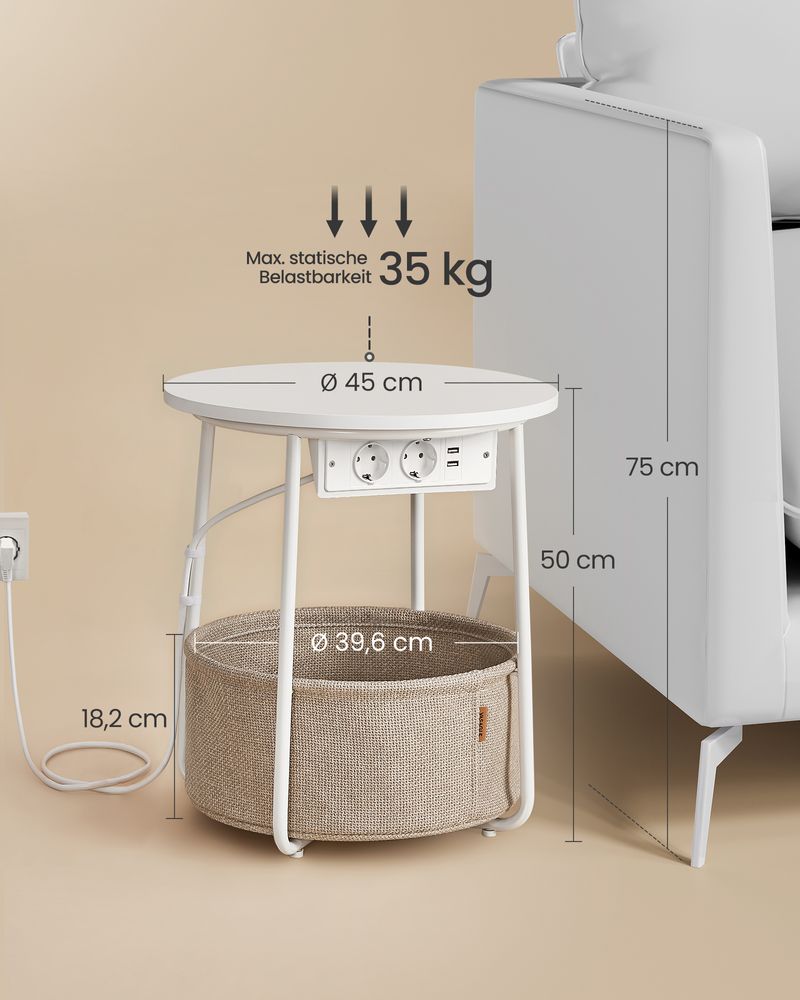 Side table - bedside table - with charging station and socket - with basket - white