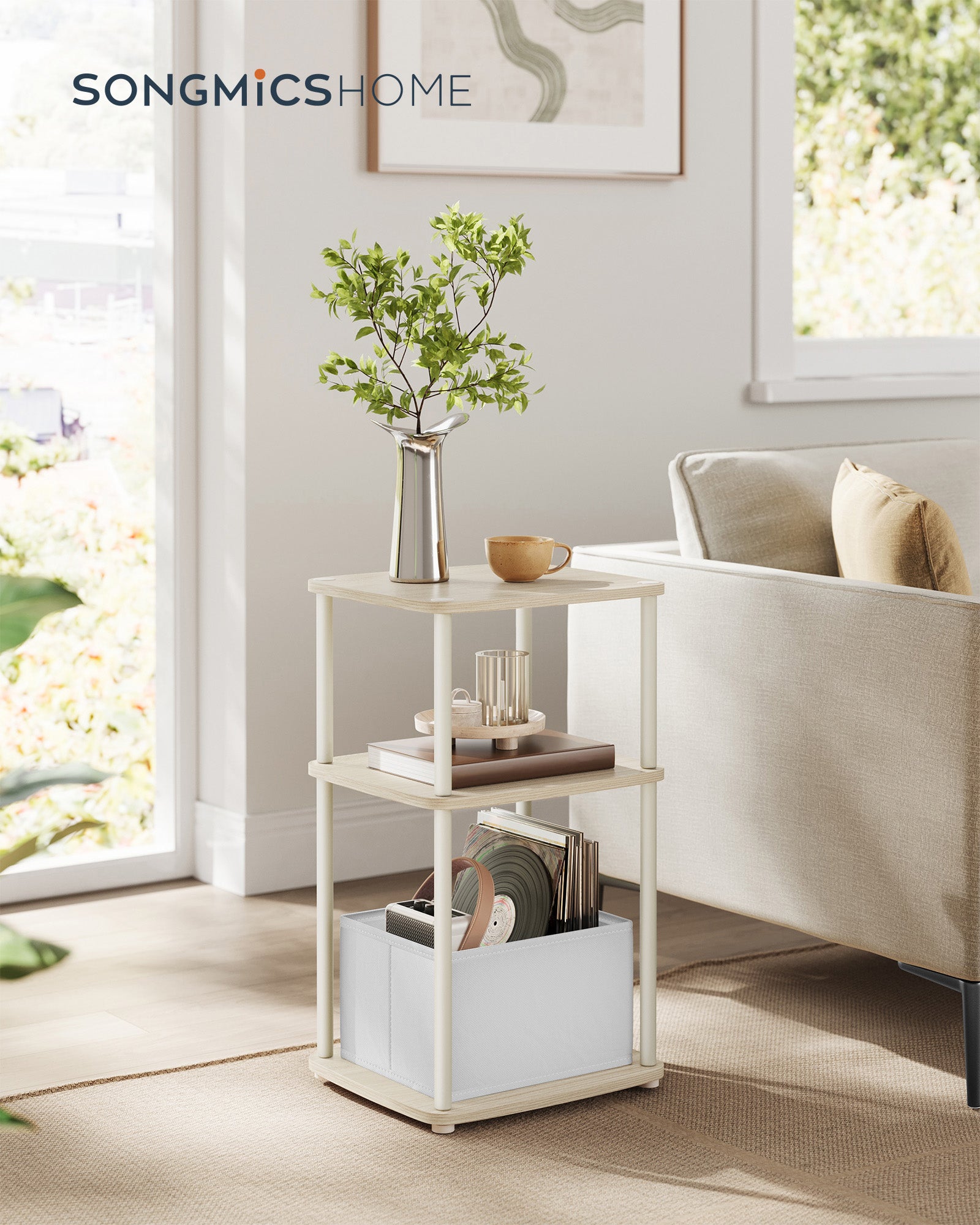 Modern side table - 3 storage boards - natural beige