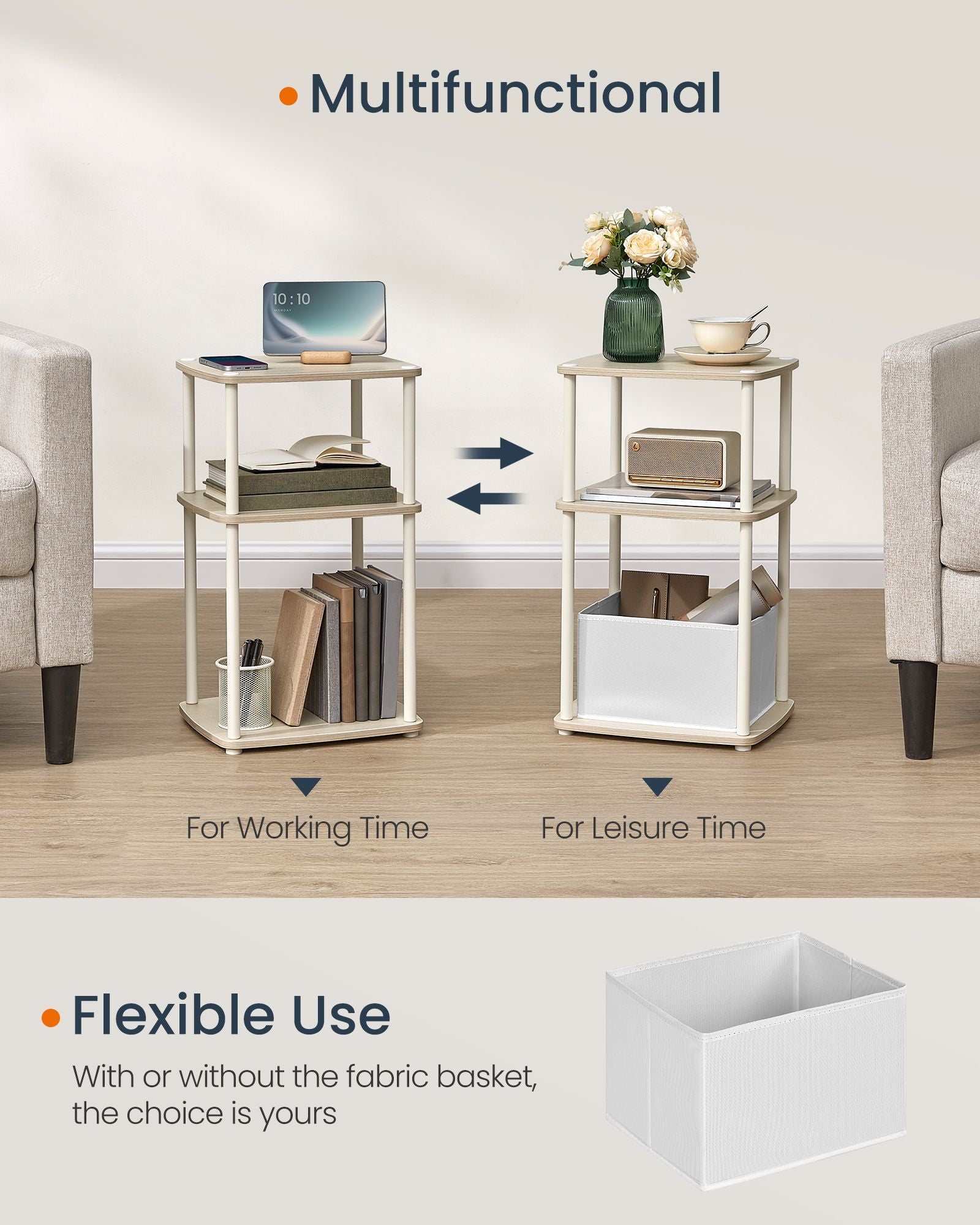 Modern side table - 3 storage boards - natural beige