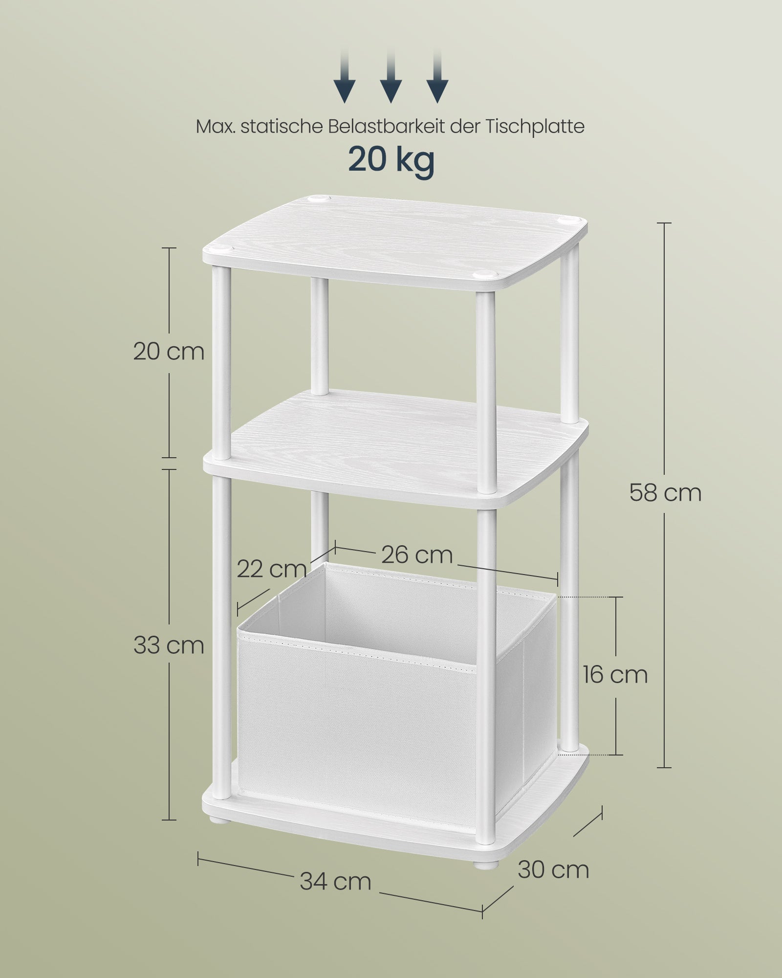 Side table with 3 shelves - 30 x 34 x 58 cm, Snow White