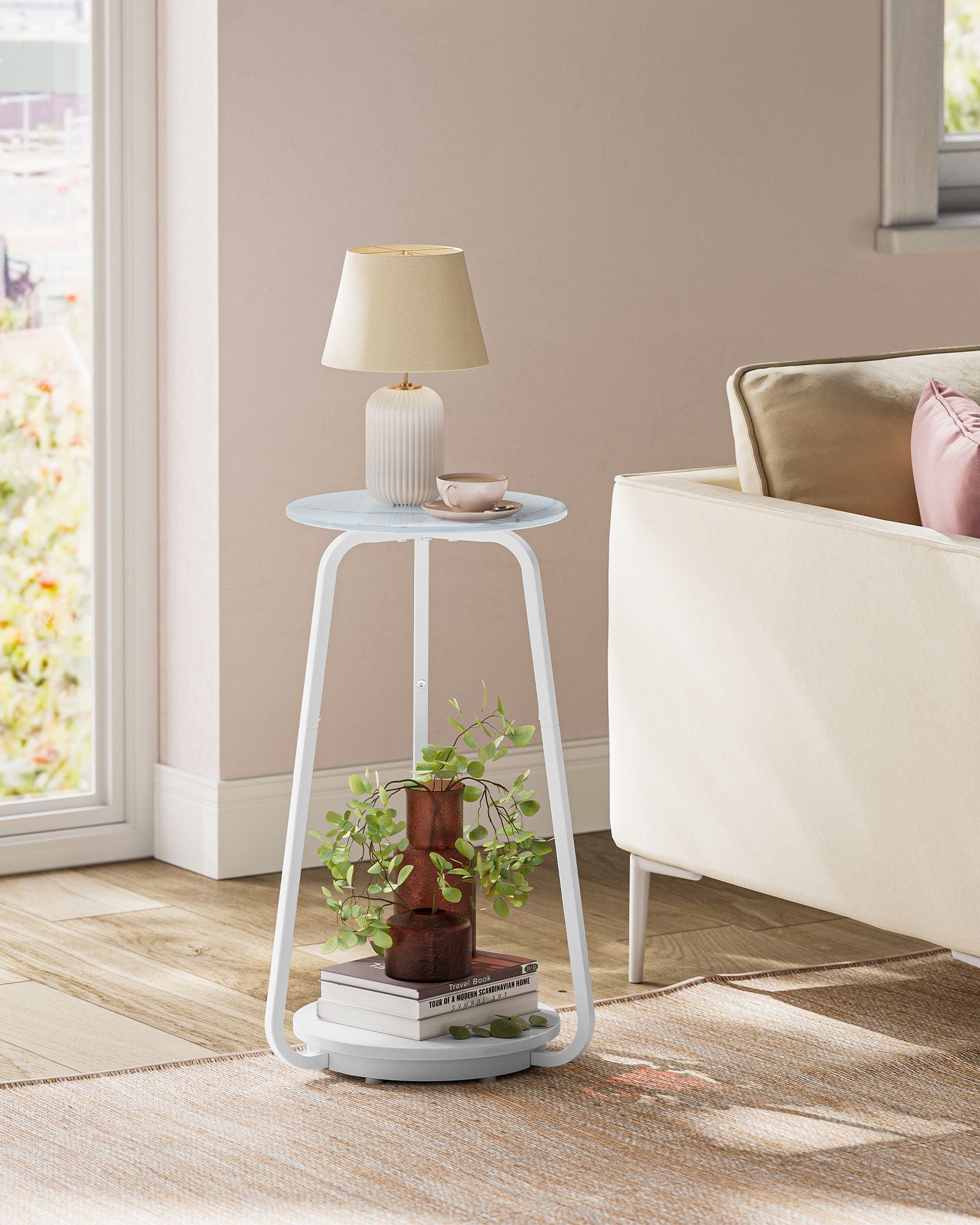 Round side table with 2 levels and glass top and board