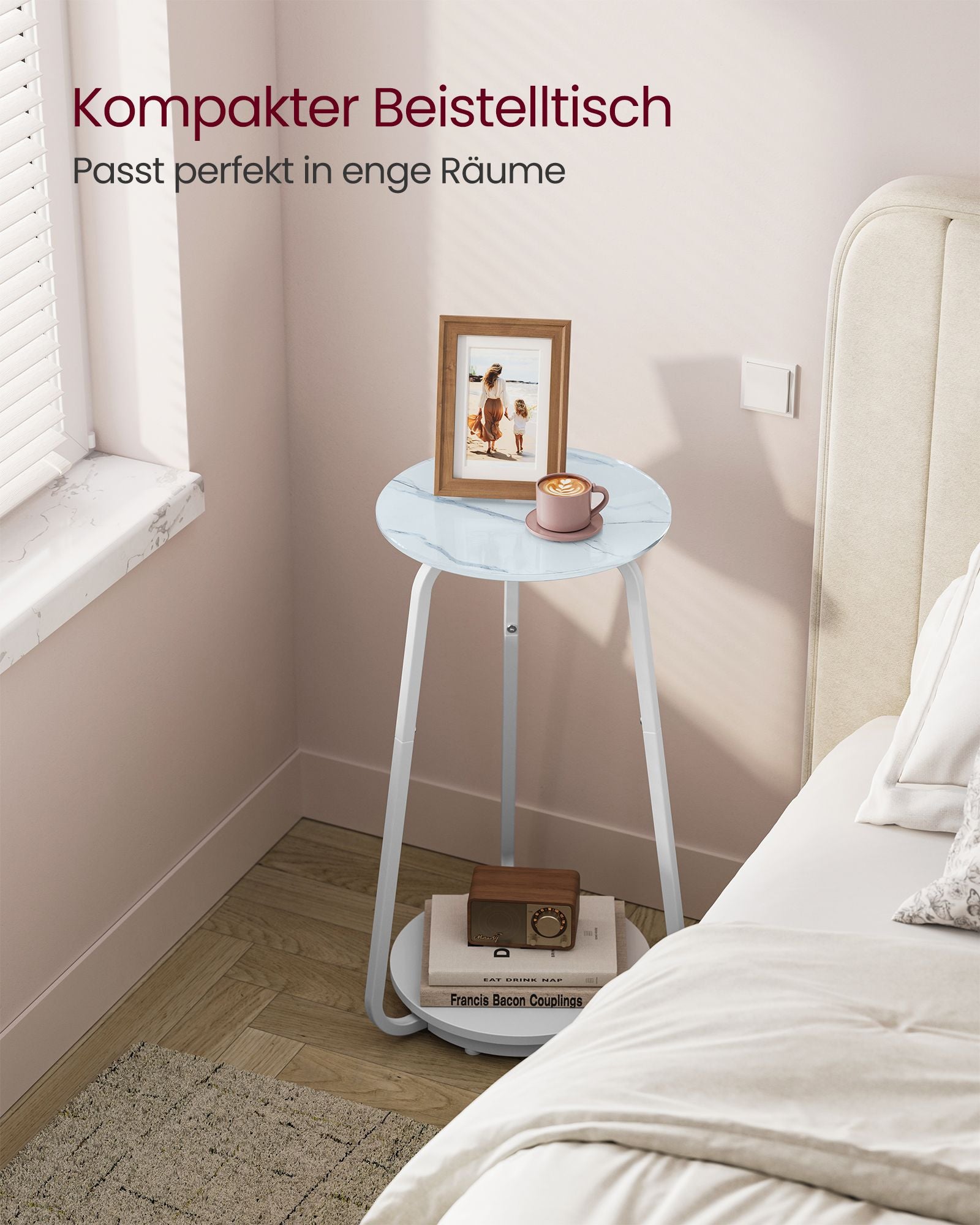 Round side table with 2 levels and glass top and board