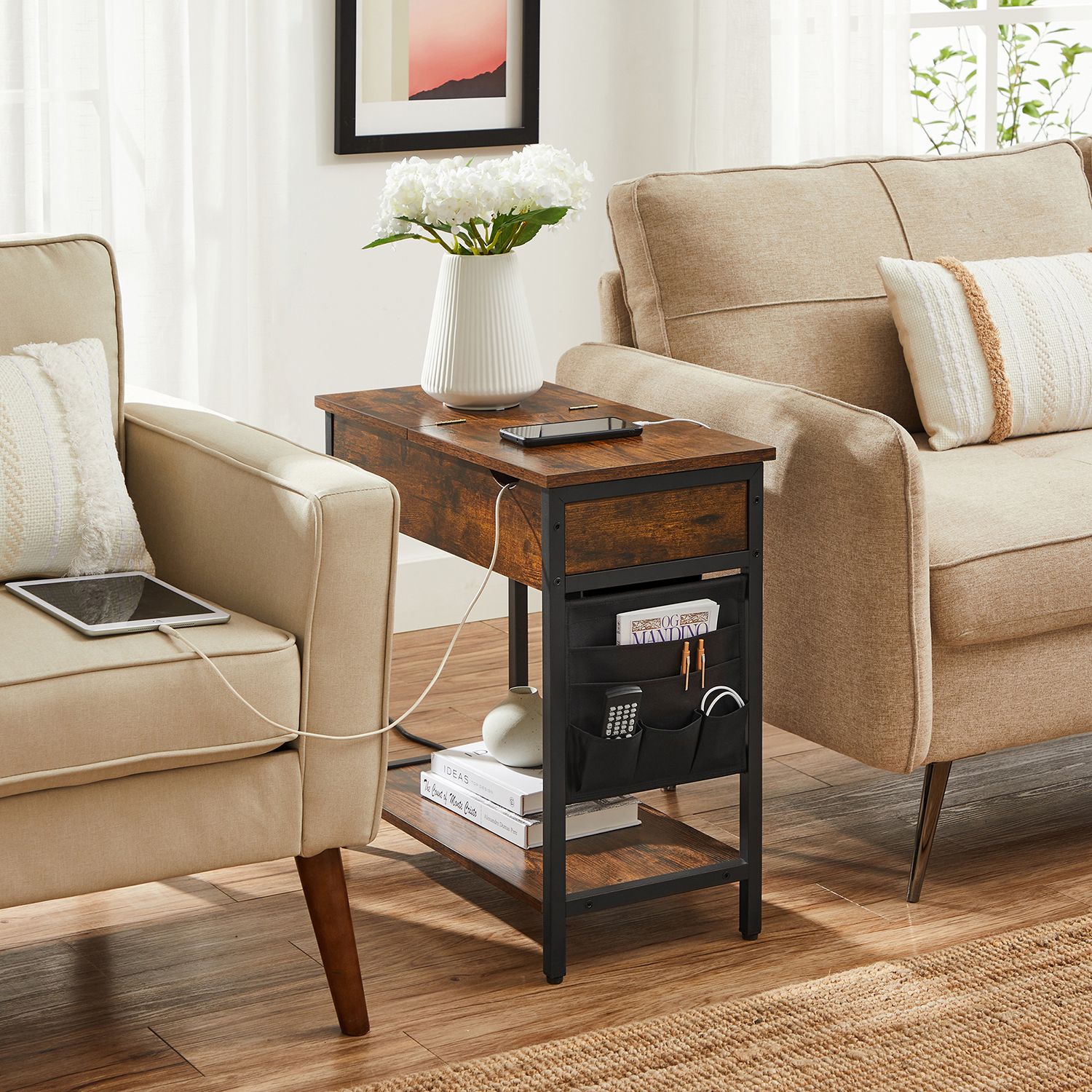 Side table - bedside table - With folding table top and sockets - Vintage Brown / Black