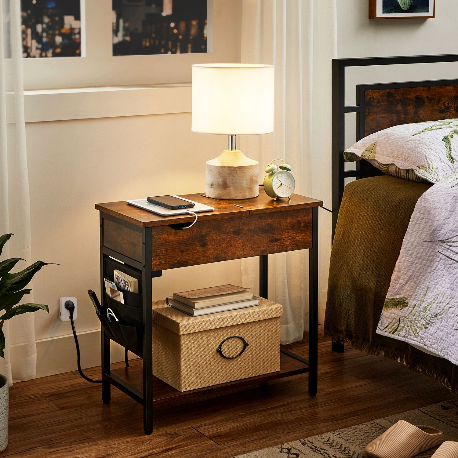 Side table - bedside table - With folding table top and sockets - Vintage Brown / Black