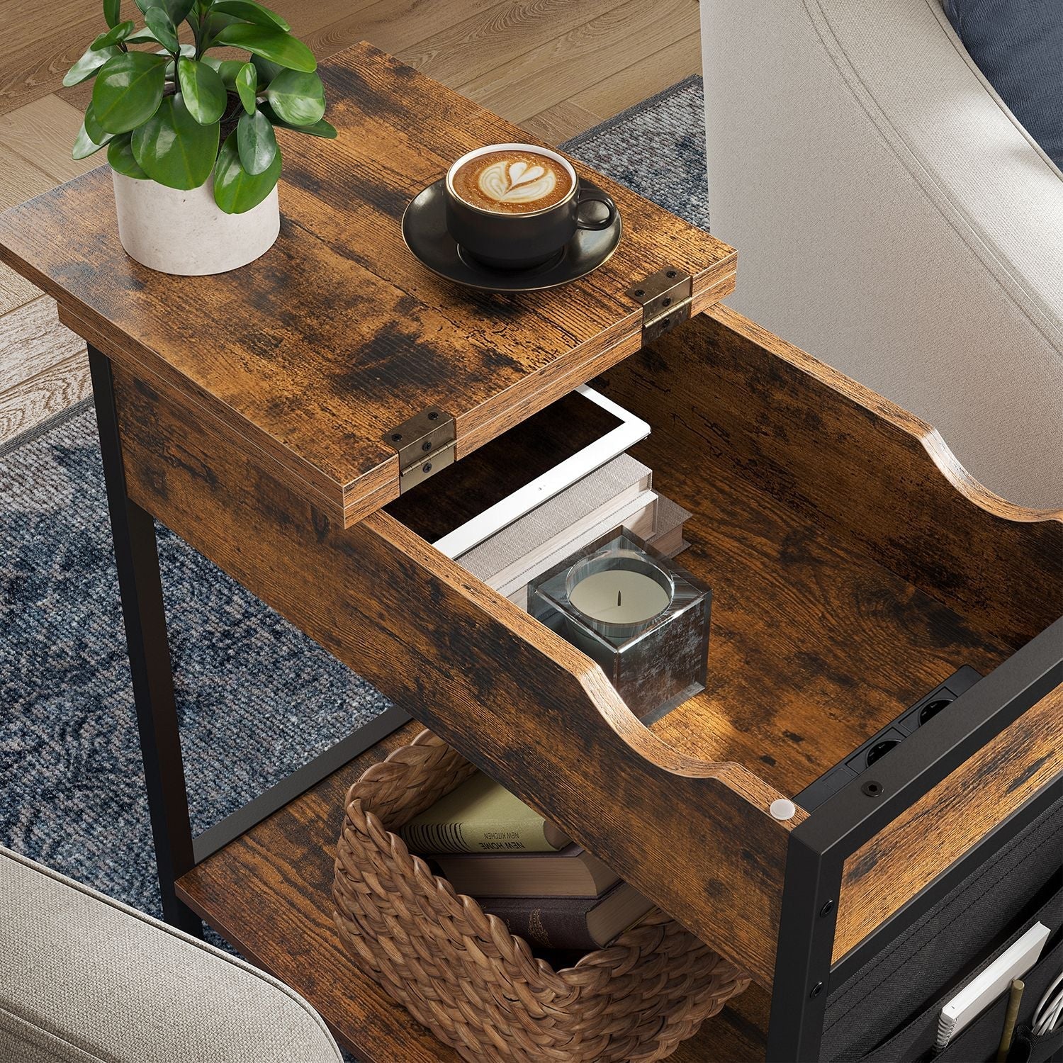 Side table - bedside table - With folding table top and sockets - Vintage Brown / Black