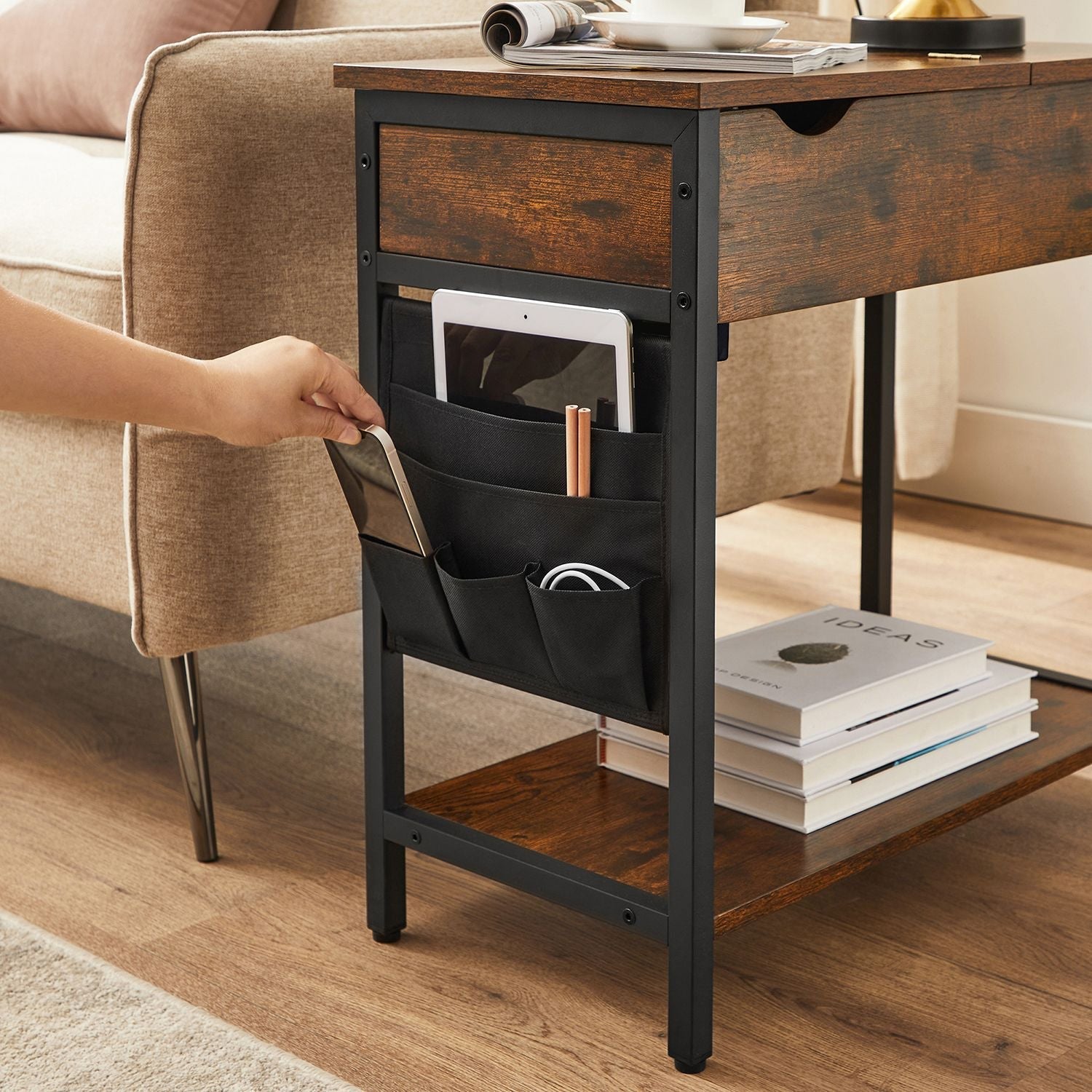 Side table - bedside table - With folding table top and sockets - Vintage Brown / Black
