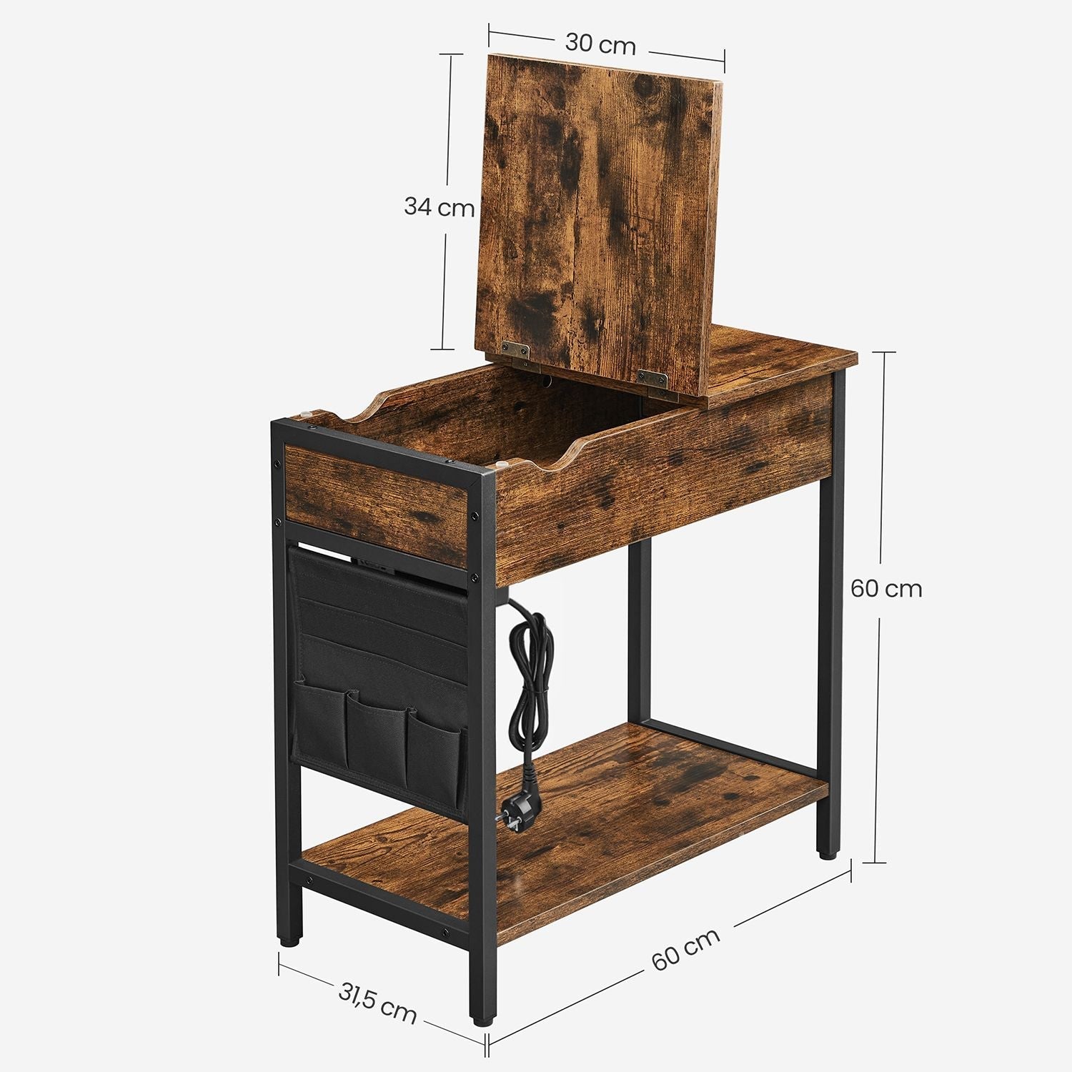 Side table - bedside table - With folding table top and sockets - Vintage Brown / Black