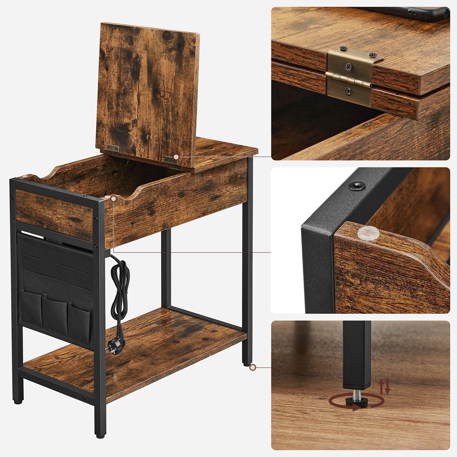 Side table - bedside table - With folding table top and sockets - Vintage Brown / Black