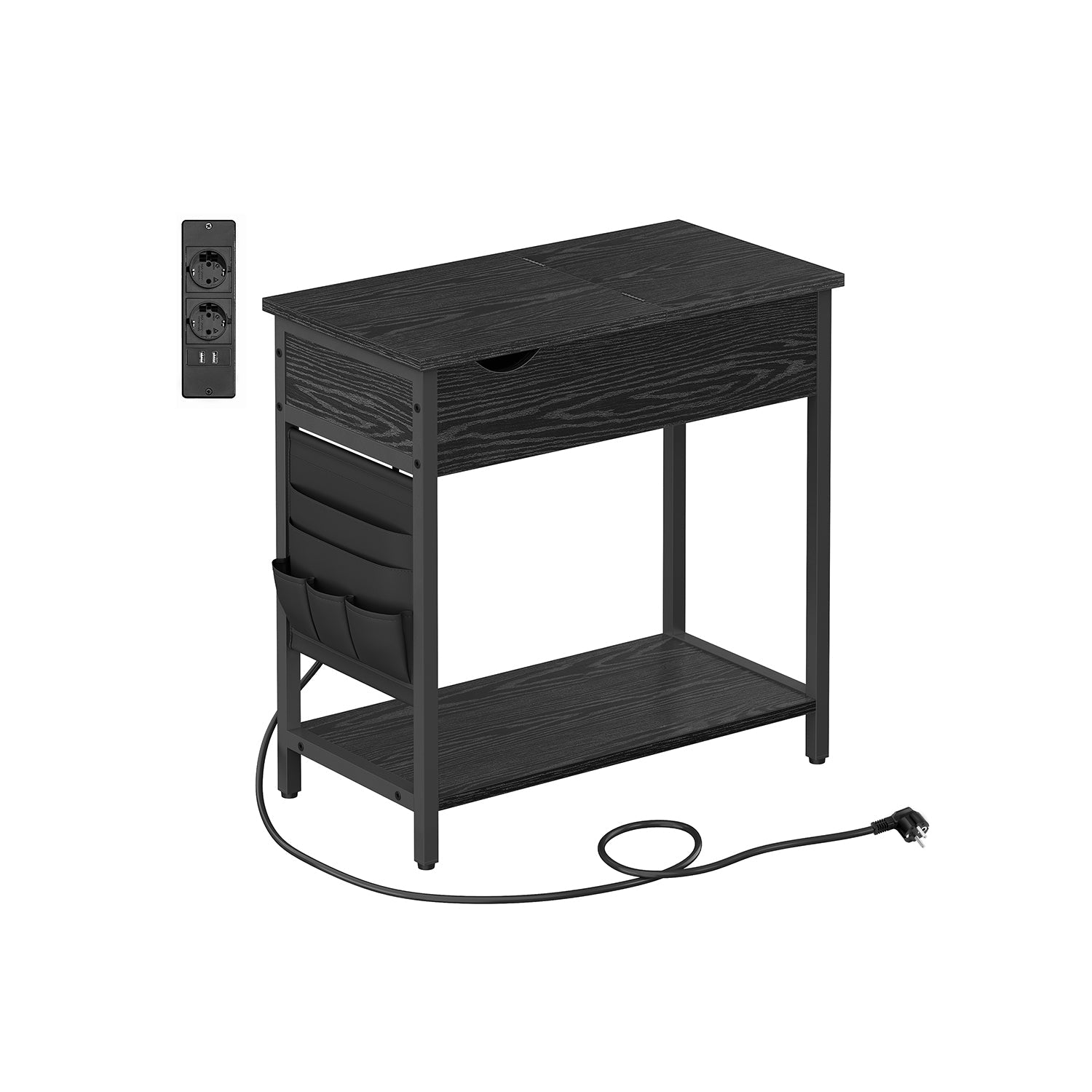Side table - bedside table - With folding table top and sockets - Vintage Brown / Black