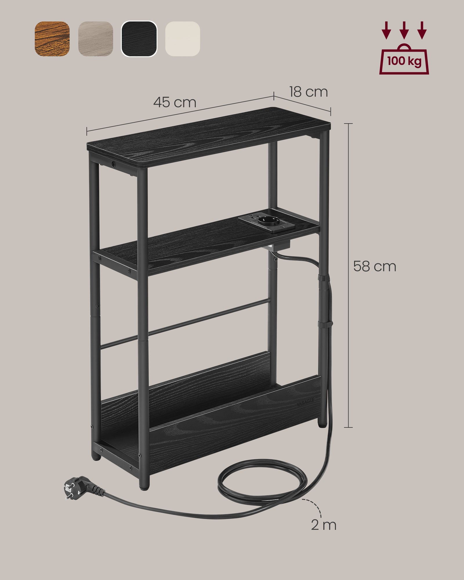 Side table - with 3 shelves - narrow - ebony black & ink -black