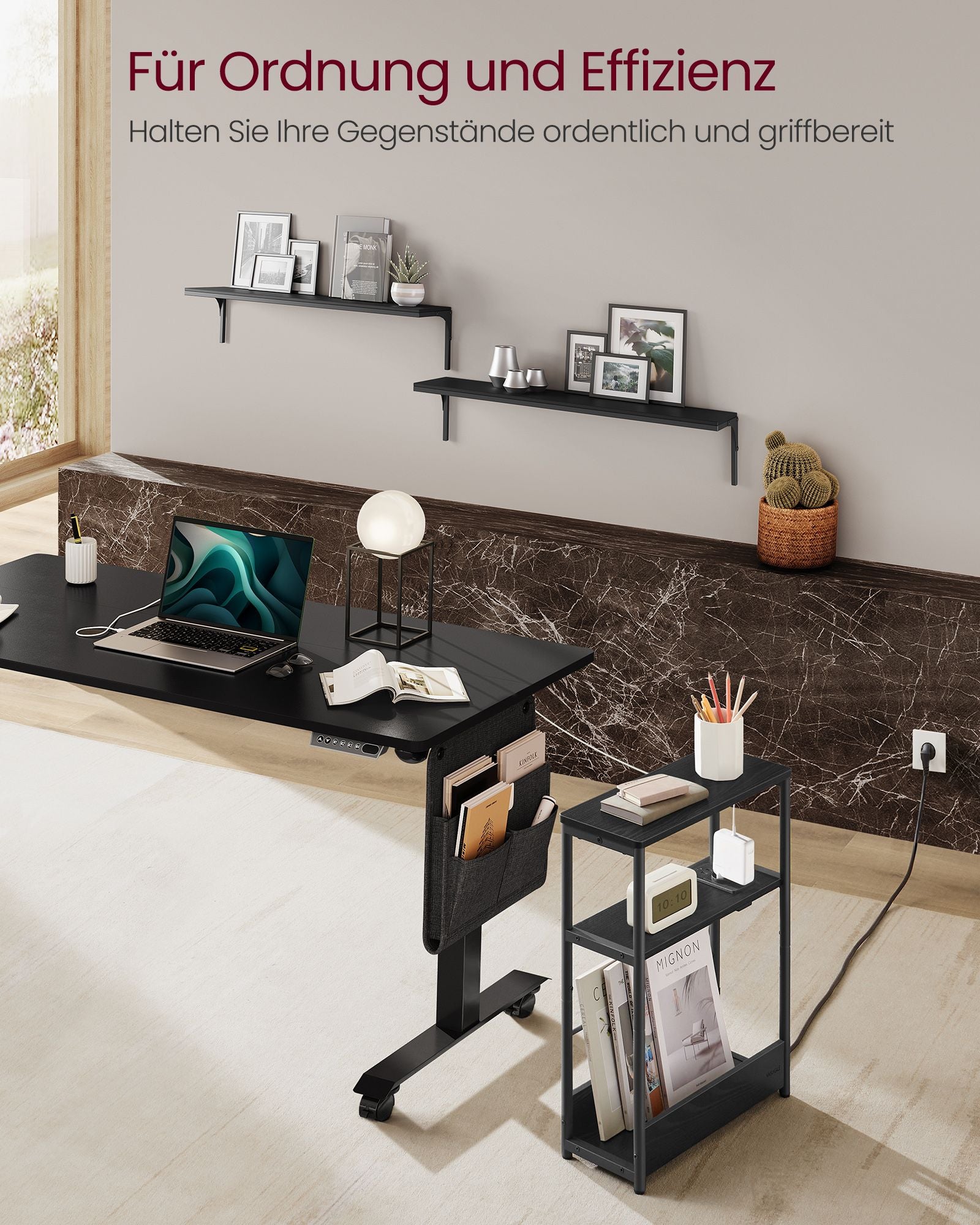 Side table - with 3 shelves - narrow - ebony black & ink -black