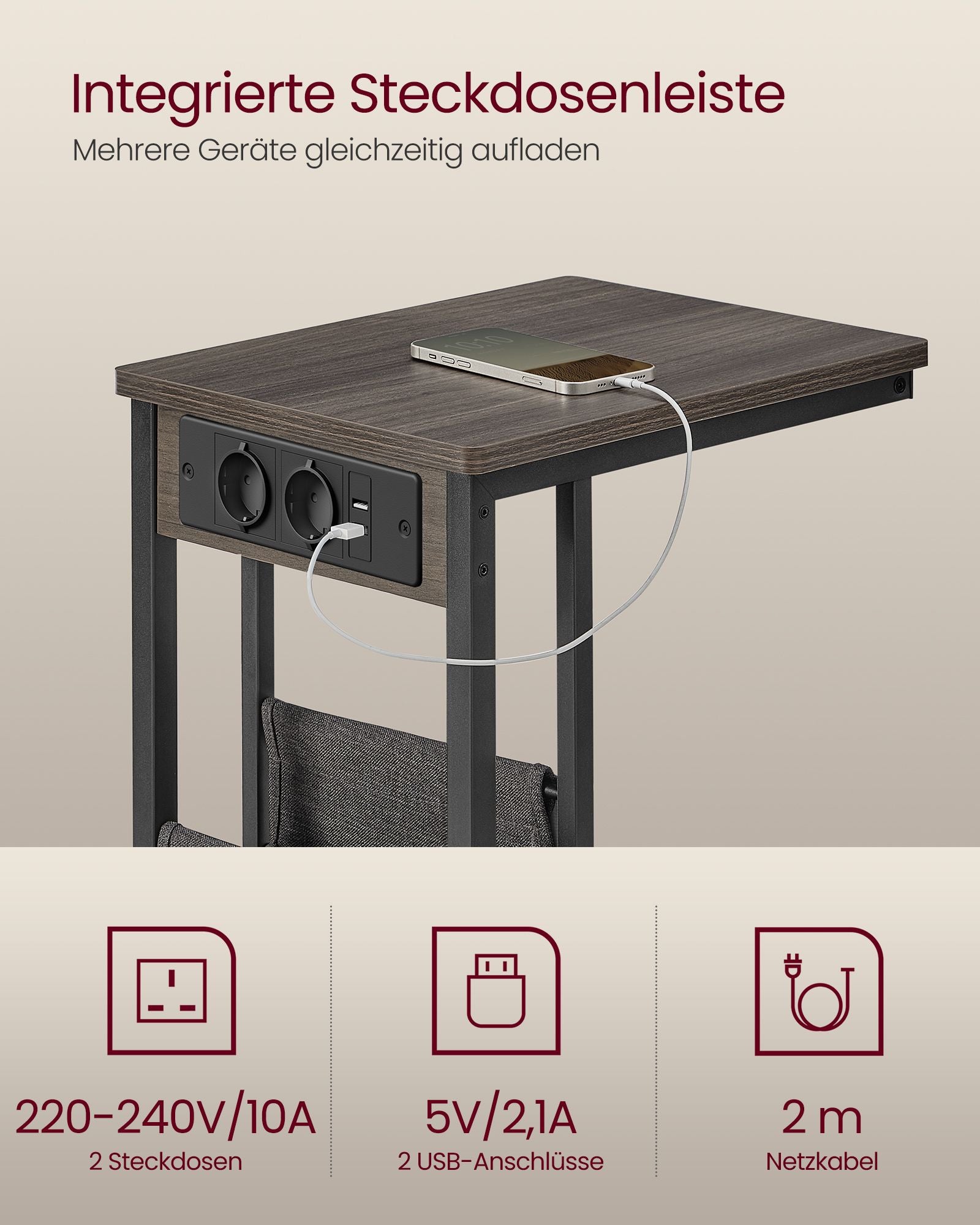 C-shaped side table-with 2 sockets-asbruin
