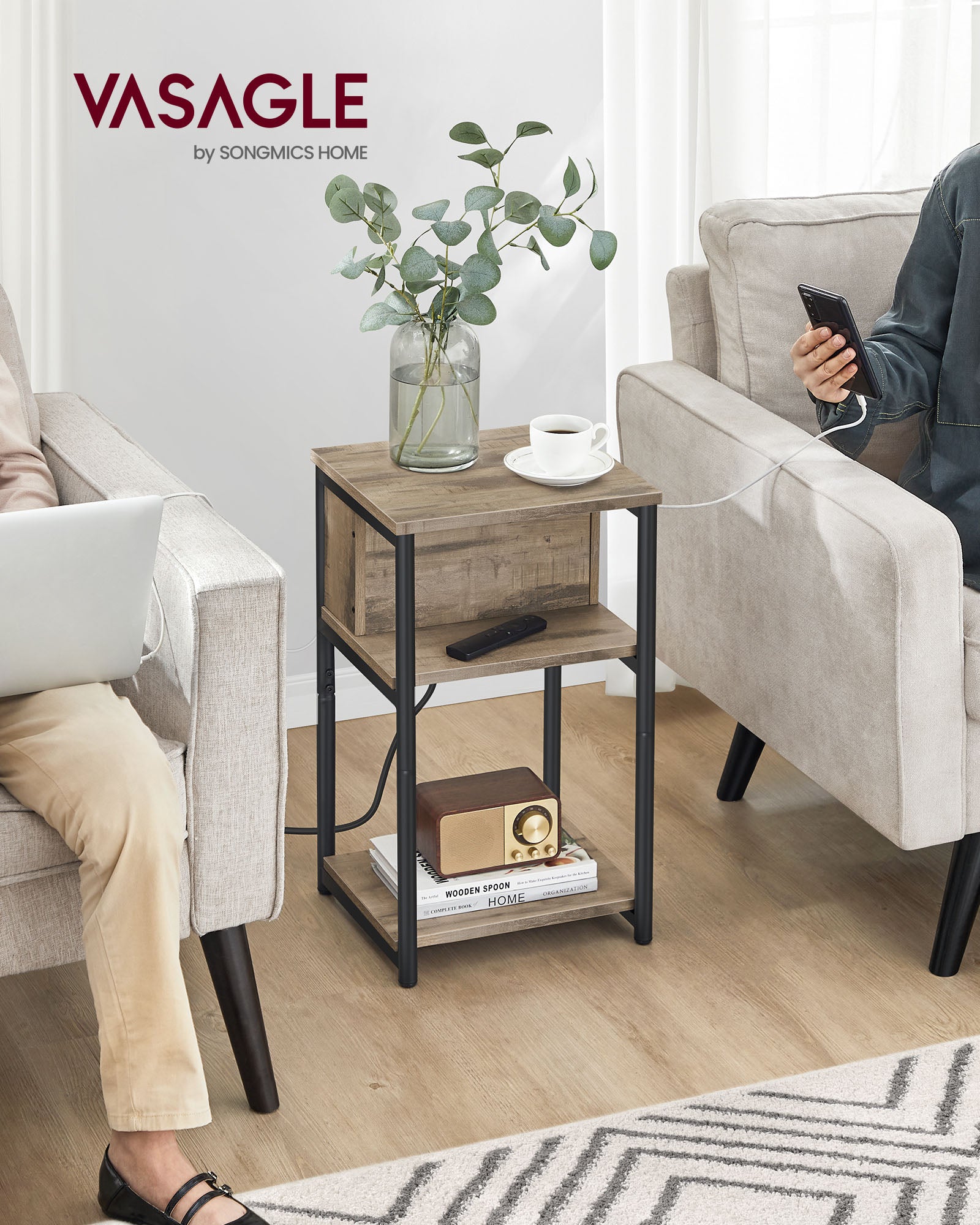 Side table with socket-Hazelnut brown-black