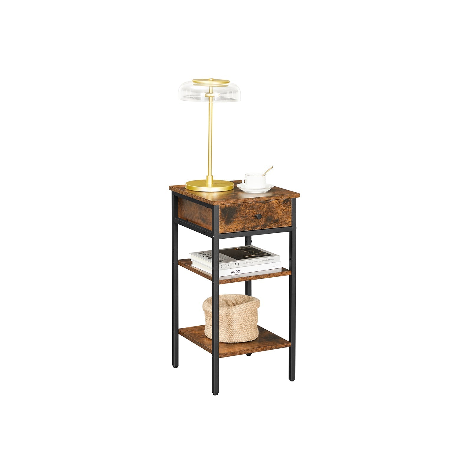Bedside table - side table - with drawer and 2 shelves - 35 x 35 x 70 cm - vintage brown/black