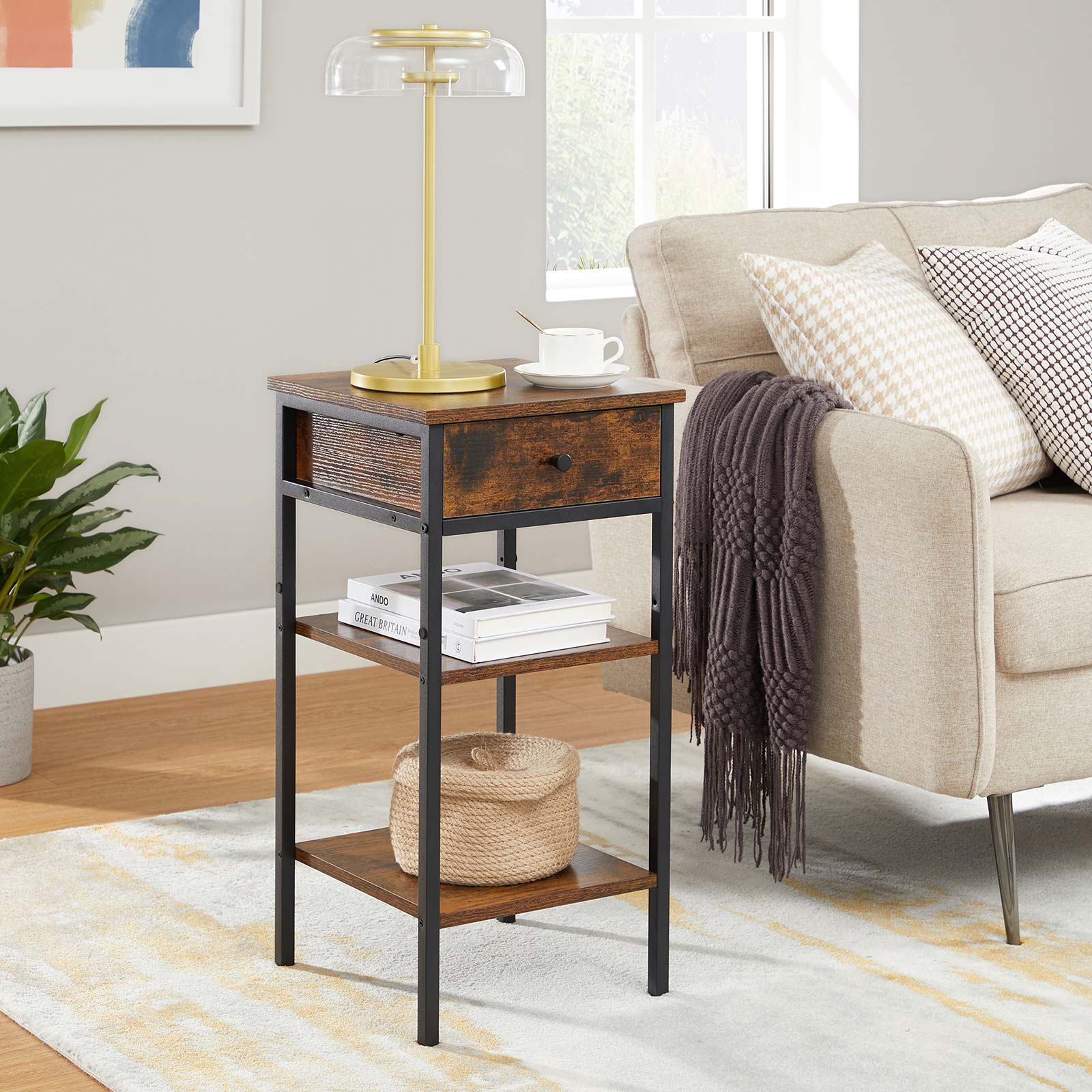 Bedside table - side table - with drawer and 2 shelves - 35 x 35 x 70 cm - vintage brown/black