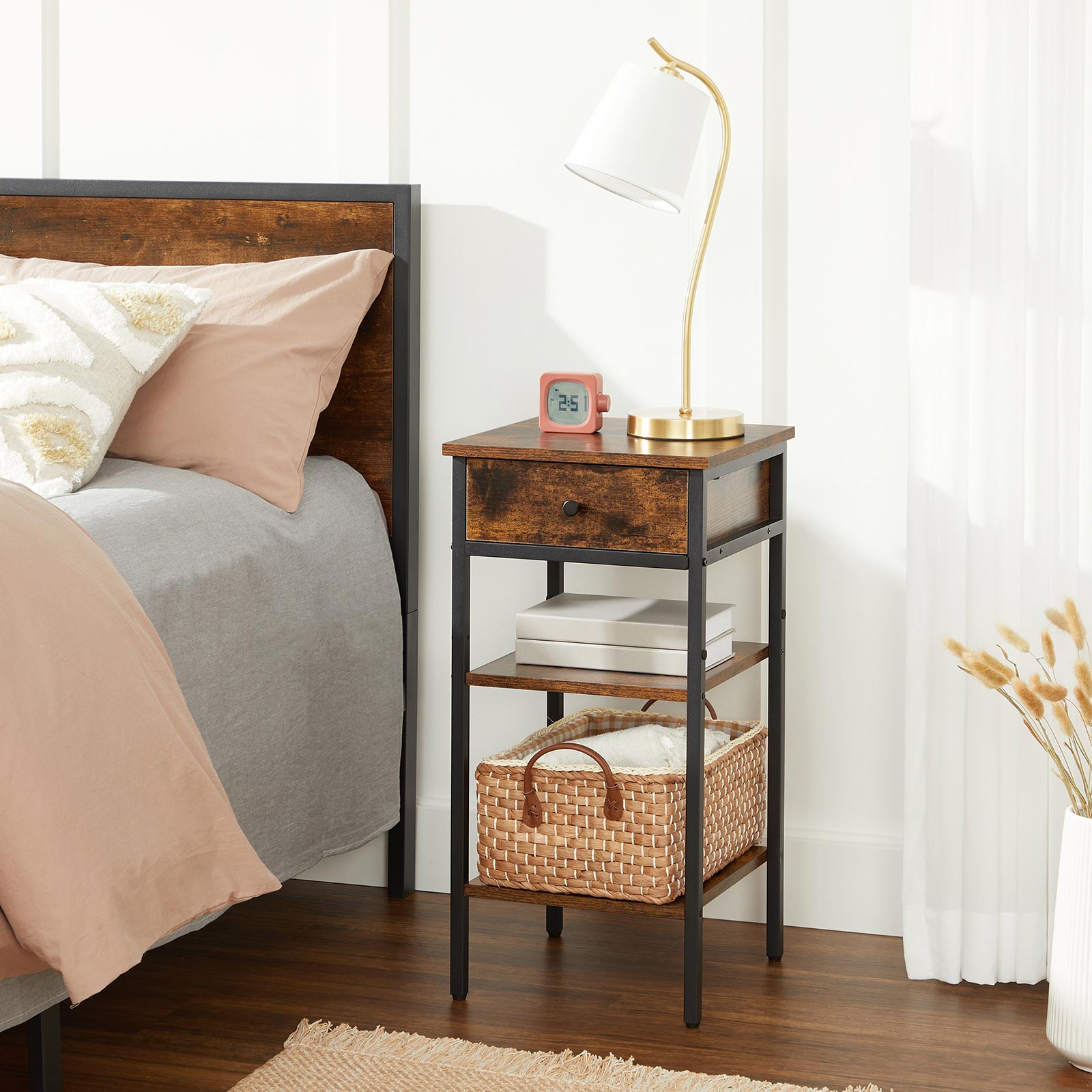 Bedside table - side table - with drawer and 2 shelves - 35 x 35 x 70 cm - vintage brown/black