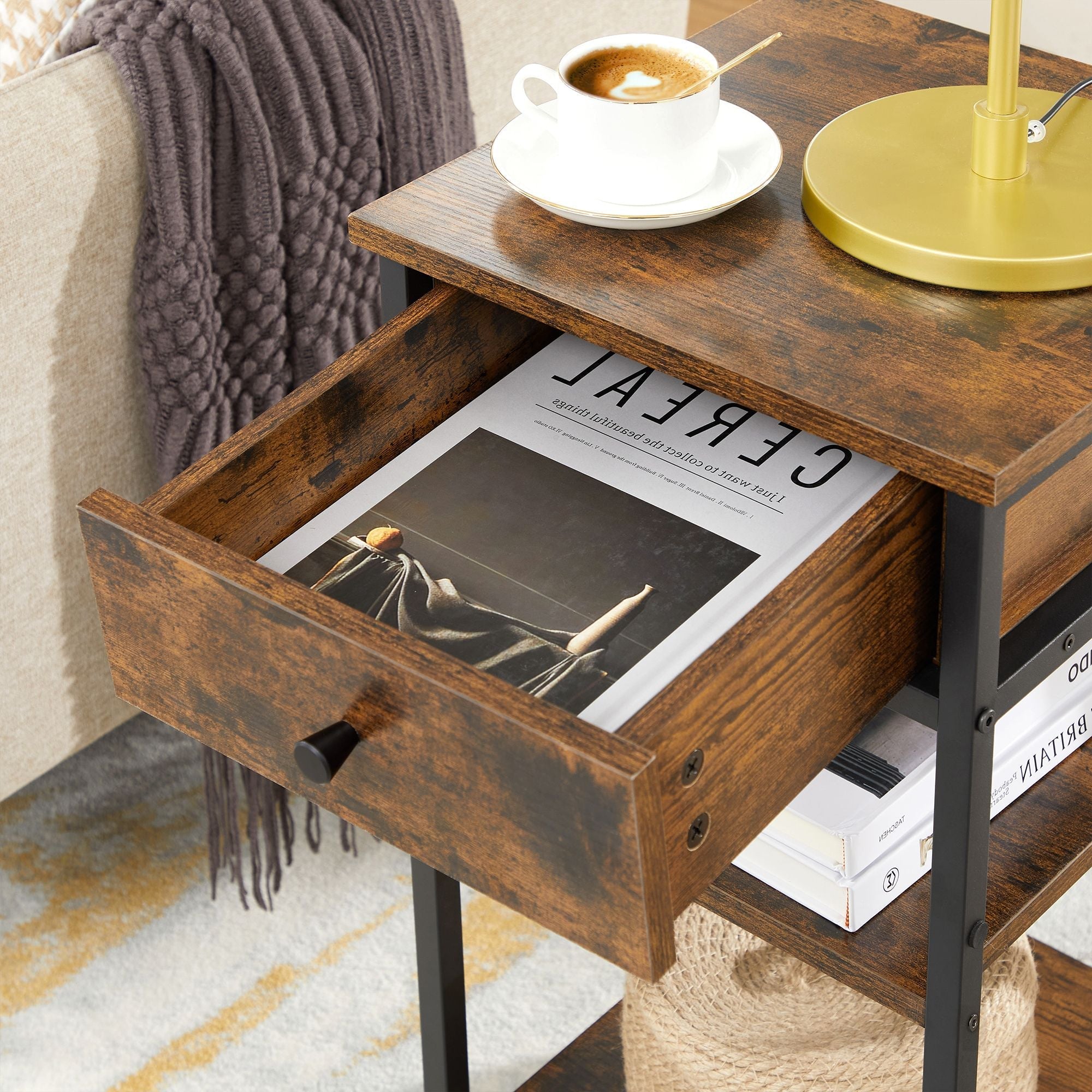 Bedside table - side table - with drawer and 2 shelves - 35 x 35 x 70 cm - vintage brown/black