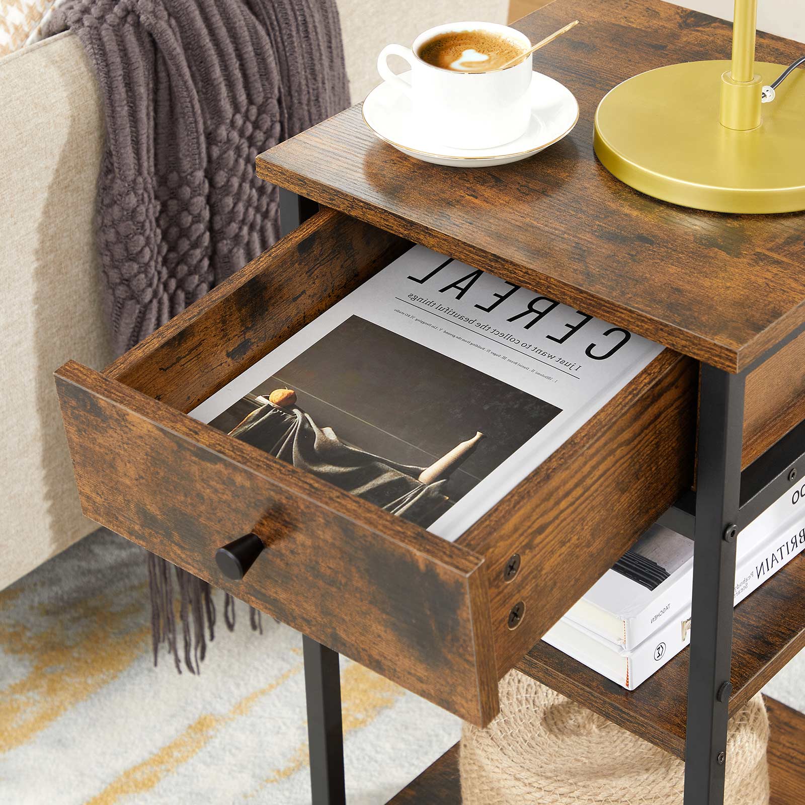 Bedside table - side table - with drawer and 2 shelves - 35 x 35 x 70 cm - vintage brown/black
