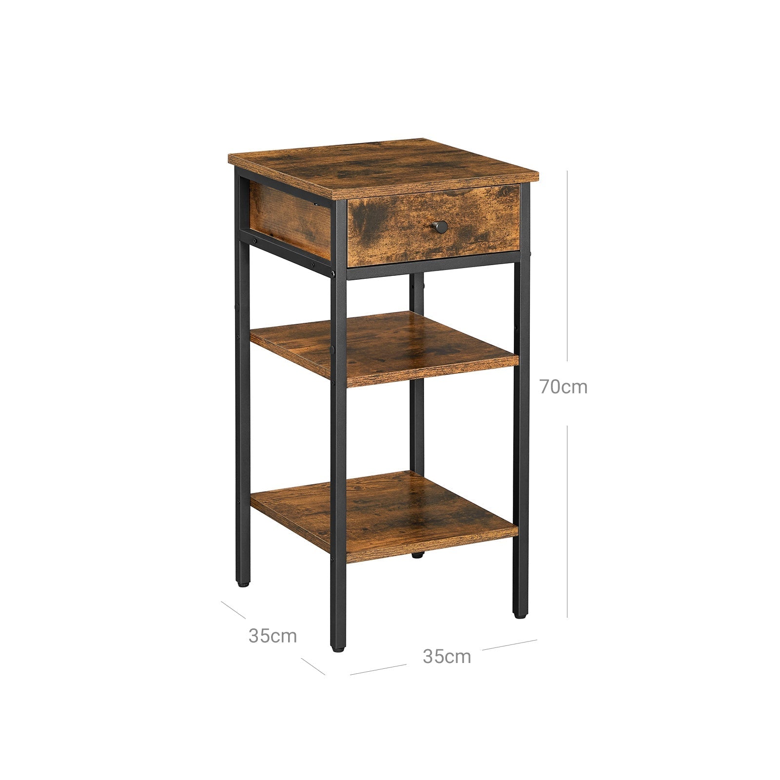 Bedside table - side table - with drawer and 2 shelves - 35 x 35 x 70 cm - vintage brown/black