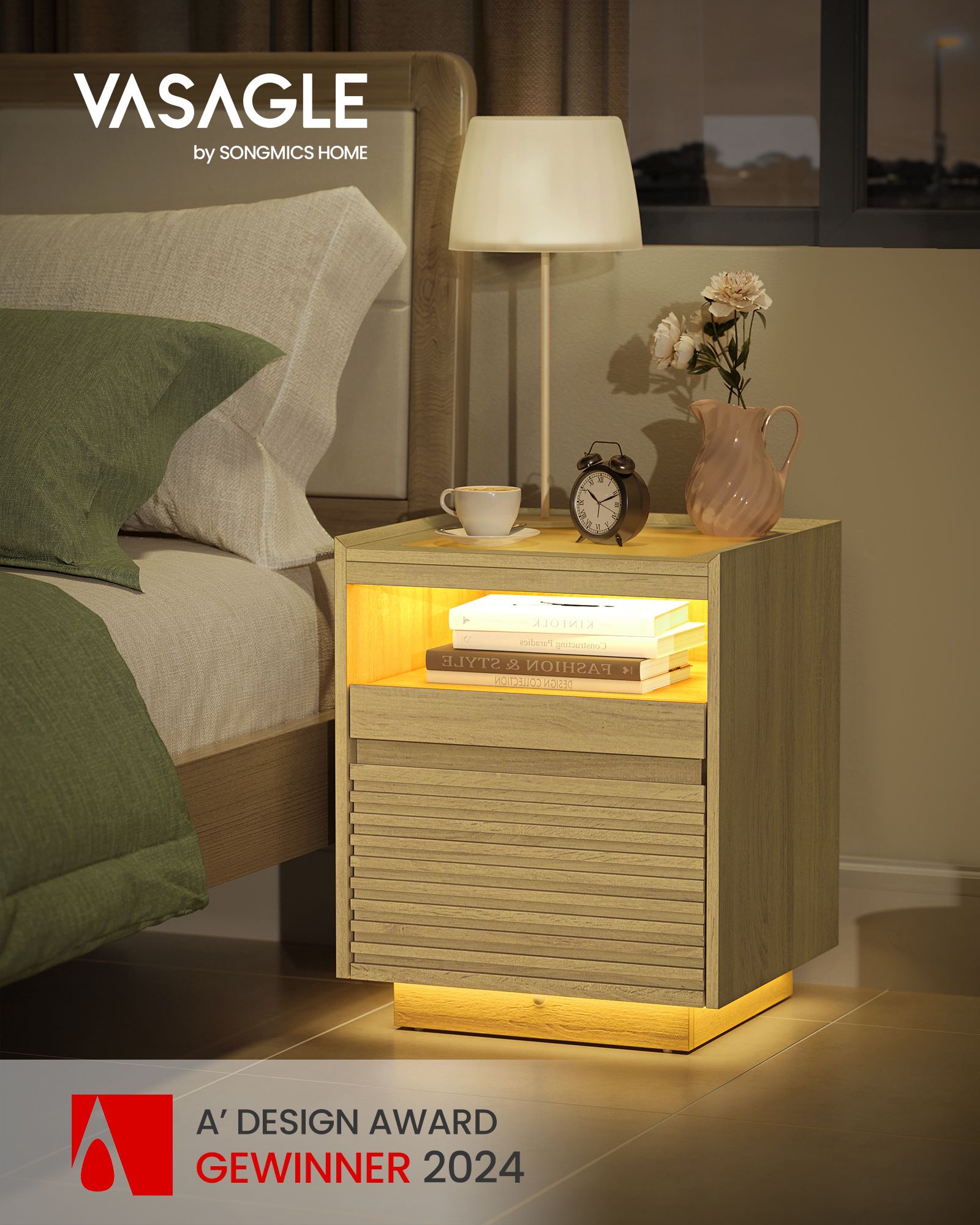 Bedside table-with LED lighting & extendable board
