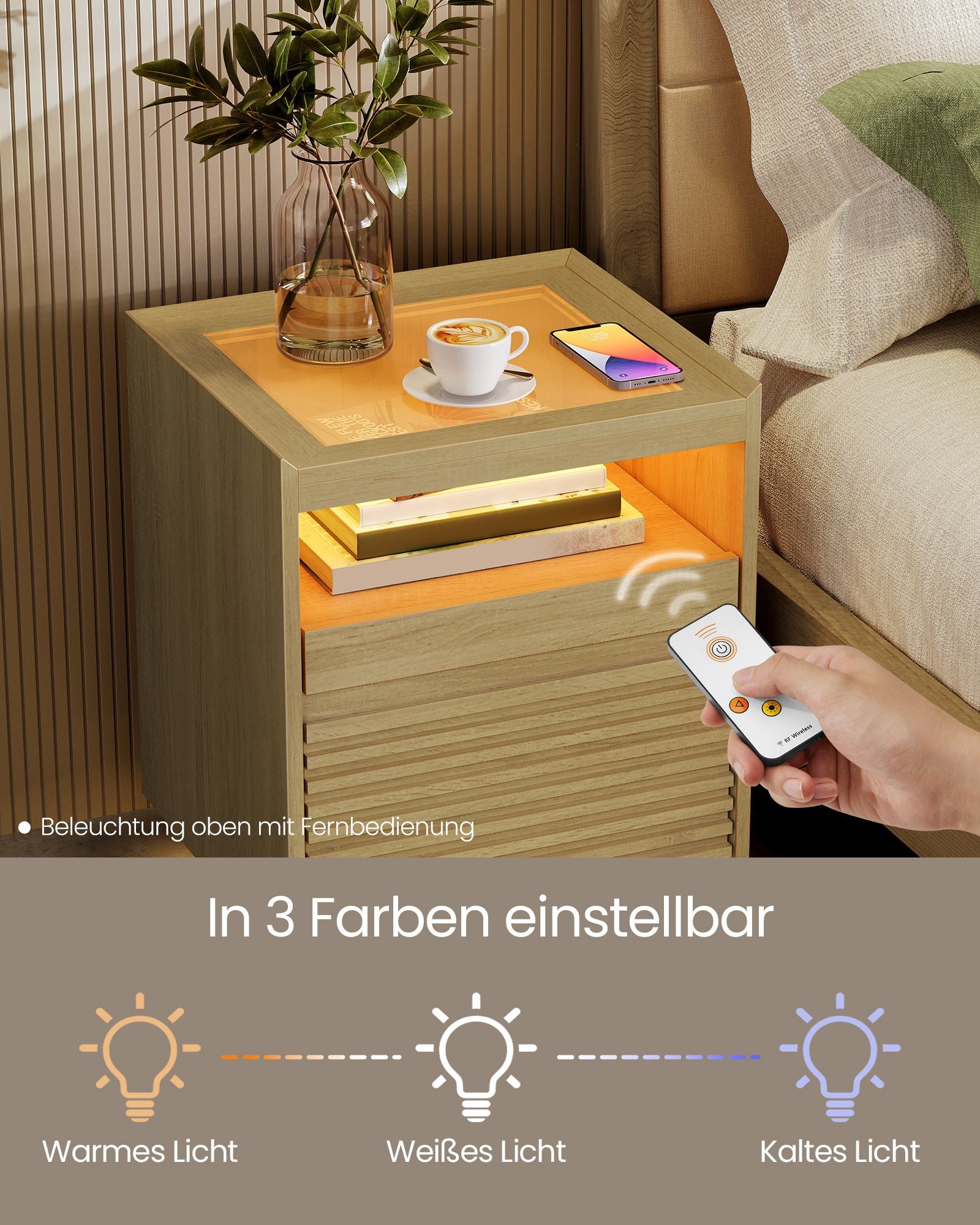 Bedside table-with LED lighting & extendable board