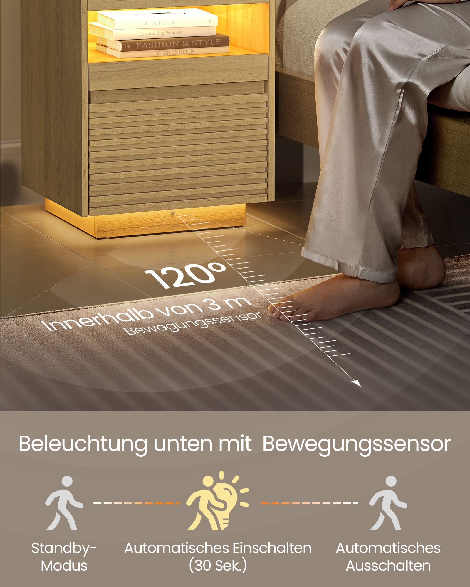 Bedside table-with LED lighting & extendable board