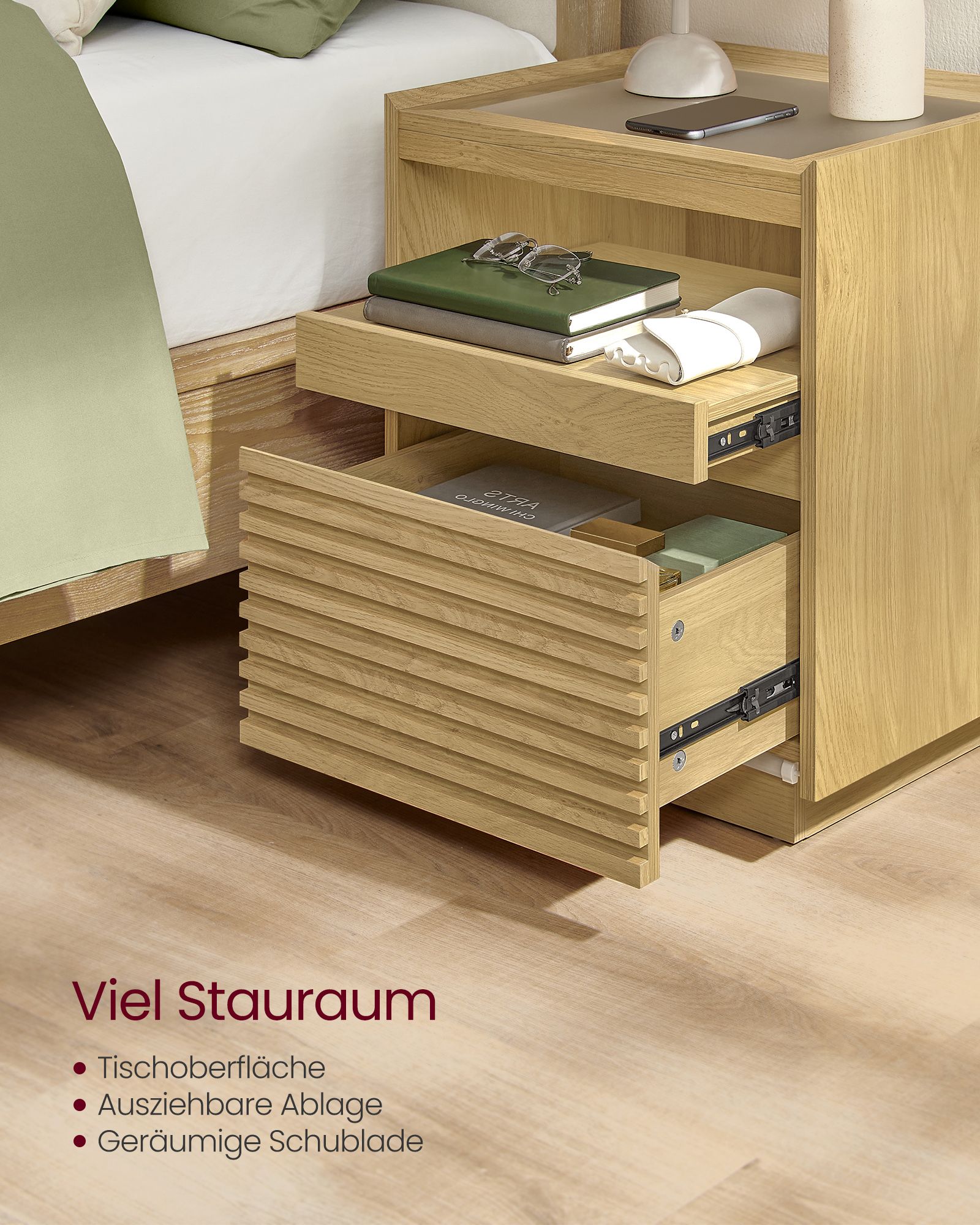 Bedside table-with LED lighting & extendable board