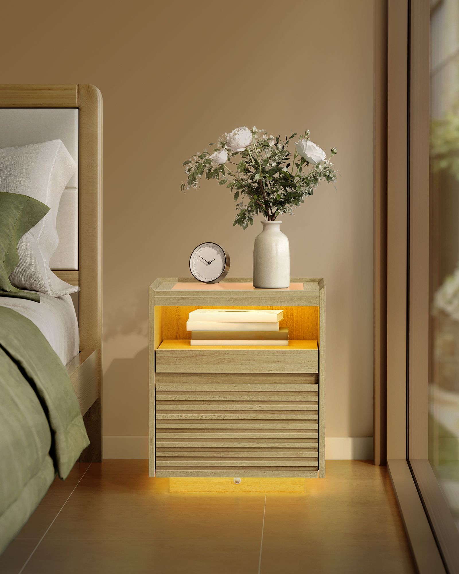 Bedside table-with LED lighting & extendable board