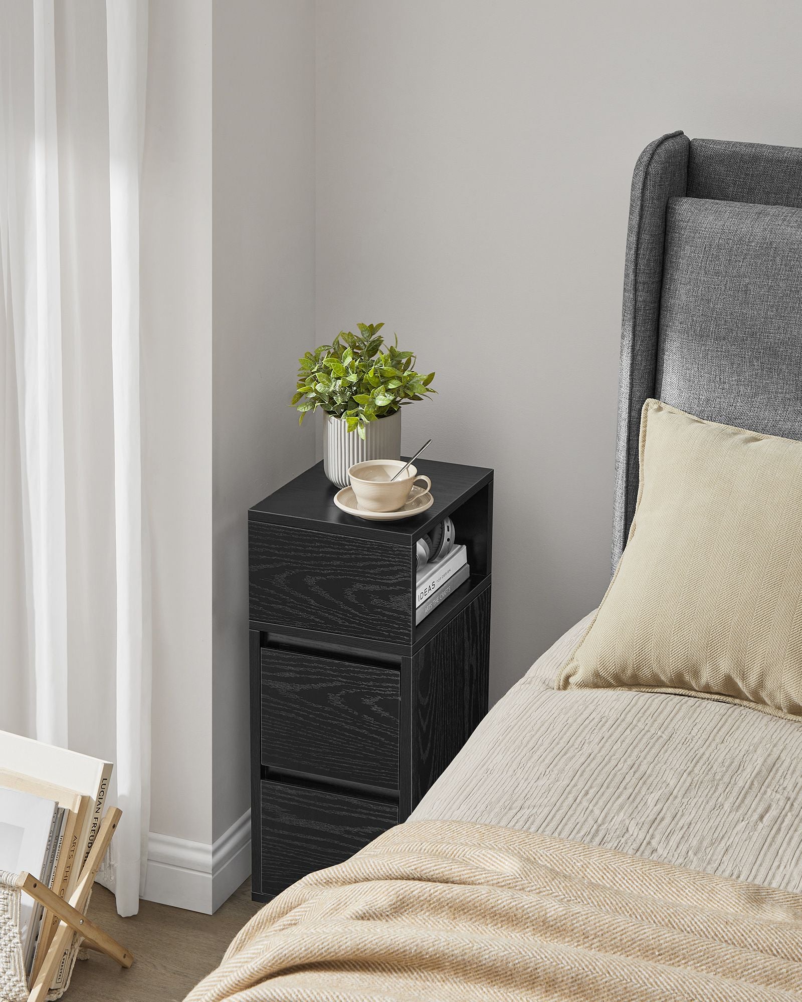 Narrow bedside table with 2 drawers in ebony black