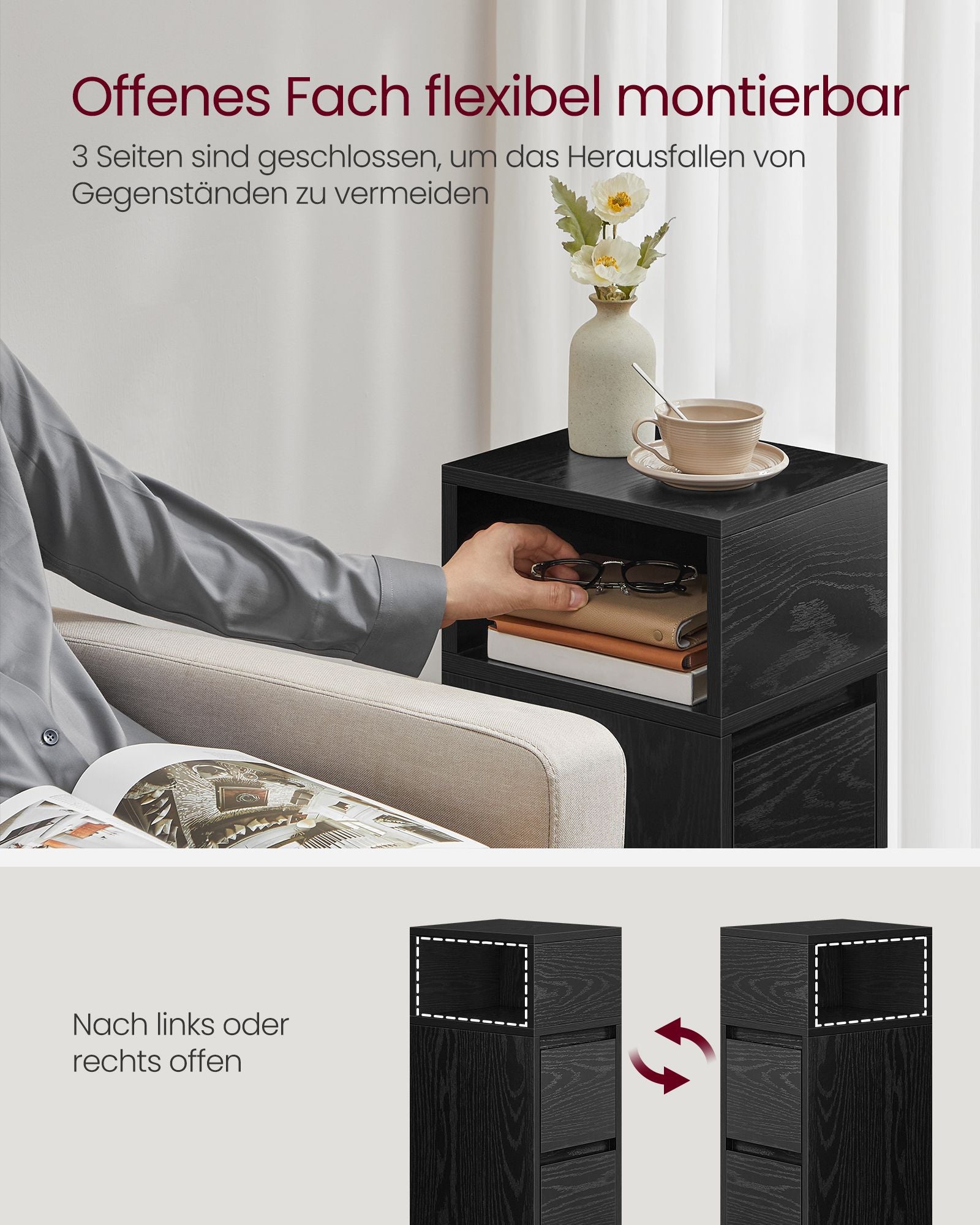 Narrow bedside table with 2 drawers in ebony black