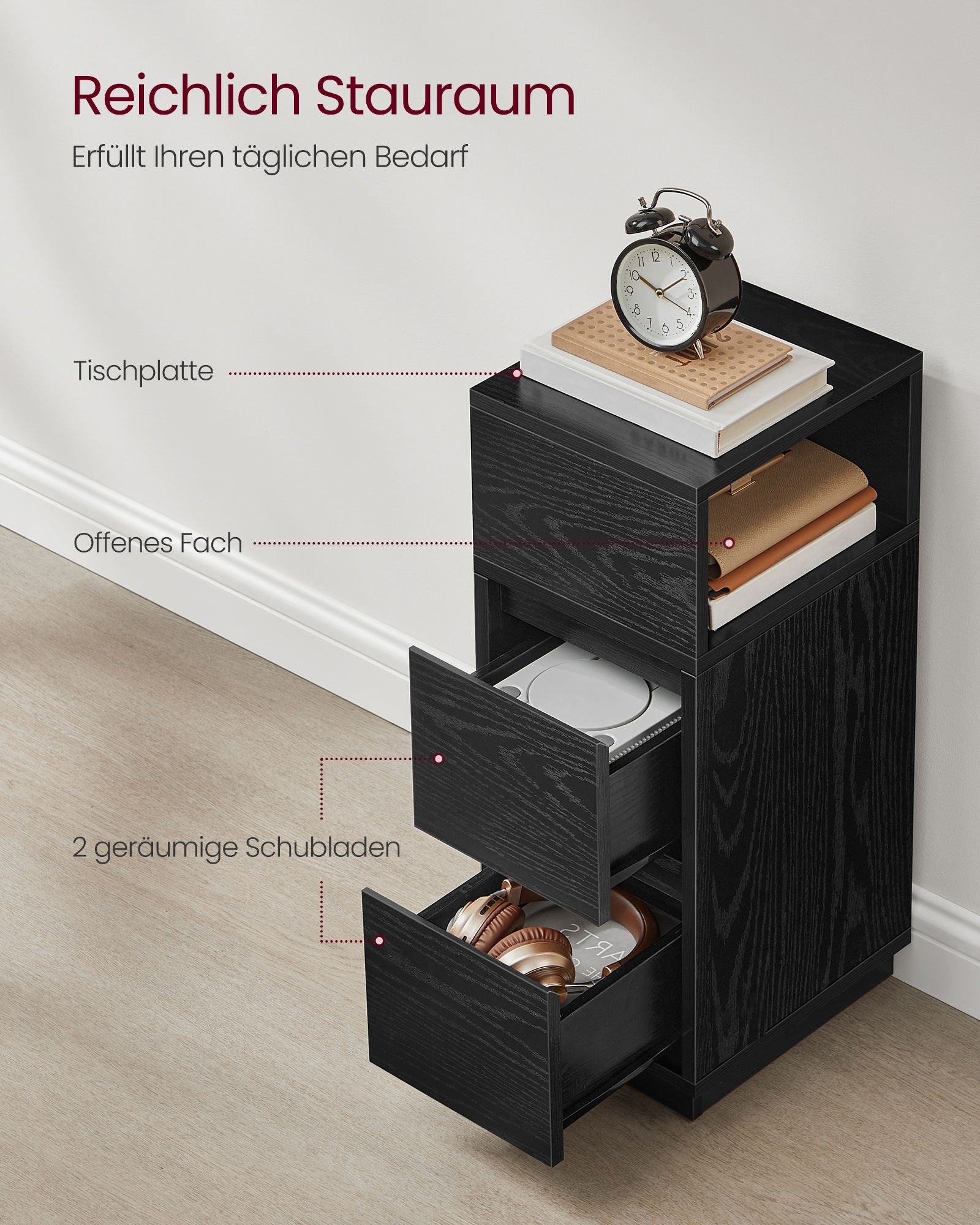 Narrow bedside table with 2 drawers in ebony black