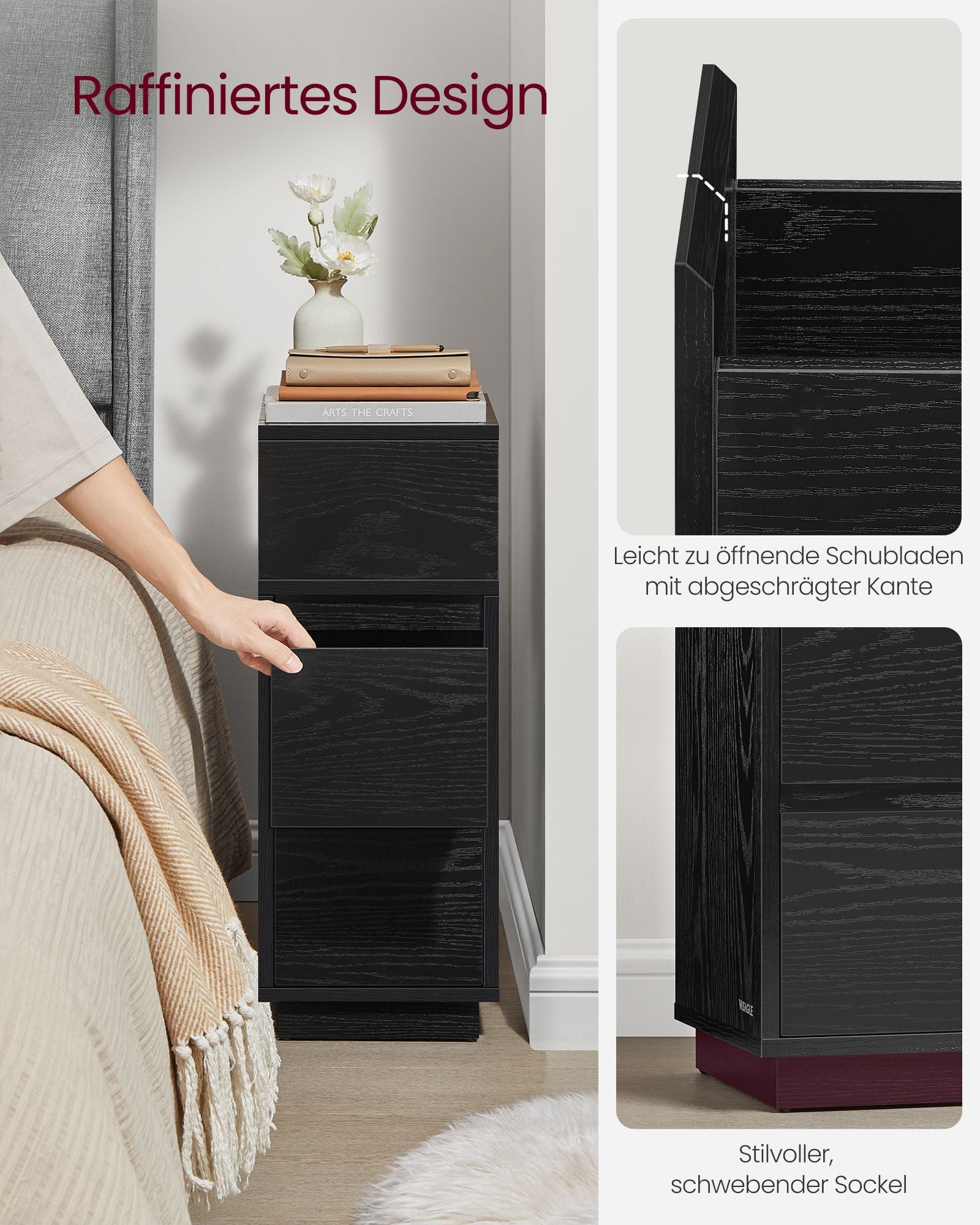 Narrow bedside table with 2 drawers in ebony black