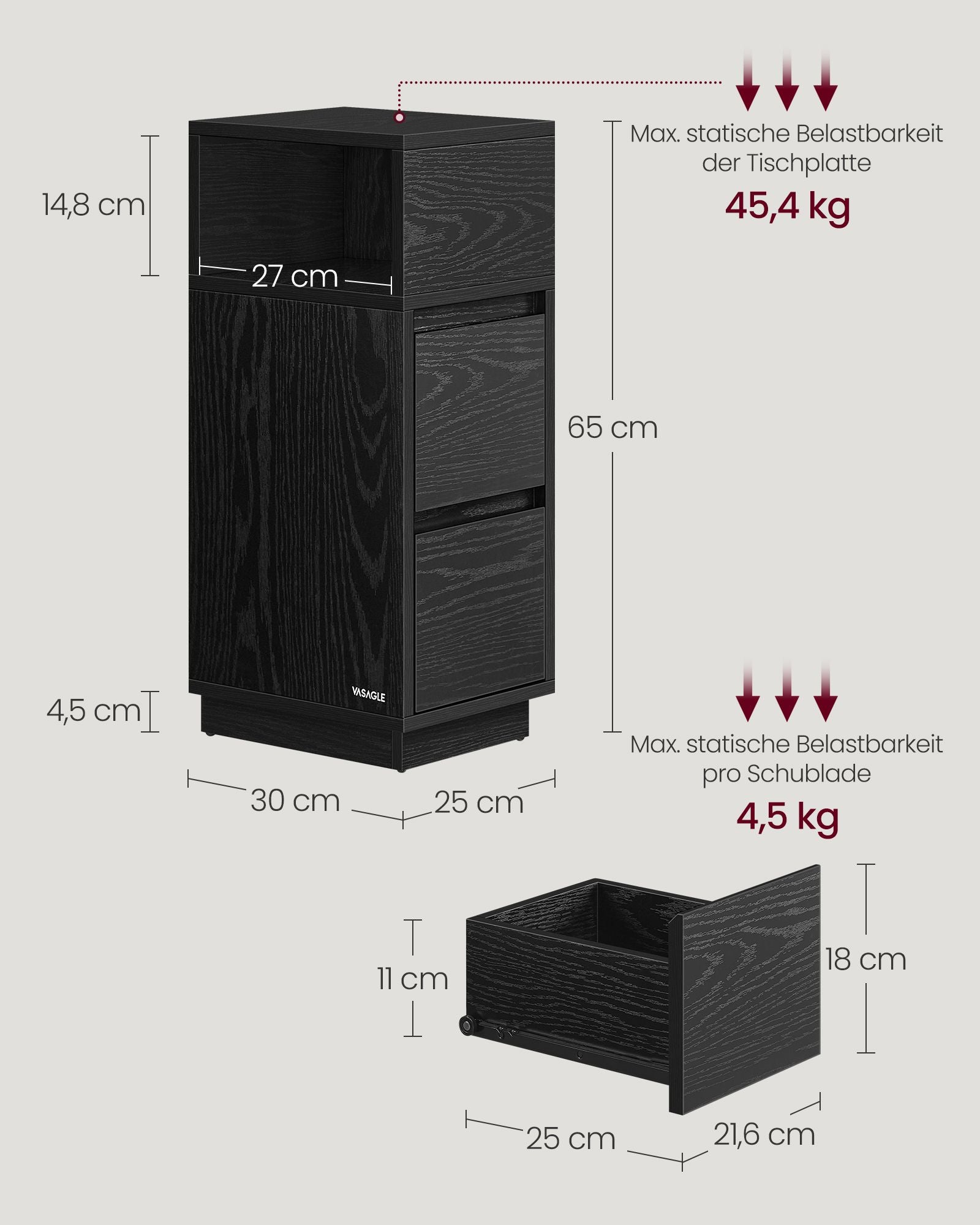 Narrow bedside table with 2 drawers in ebony black