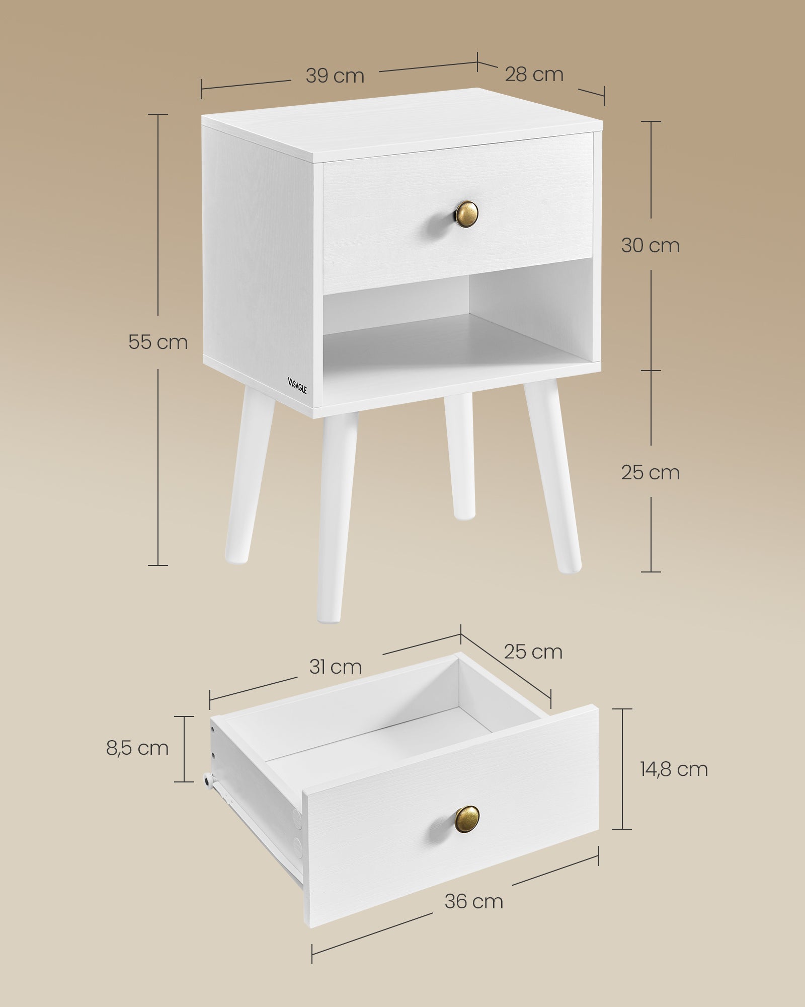 Bedside table set of 2 with drawer and board
