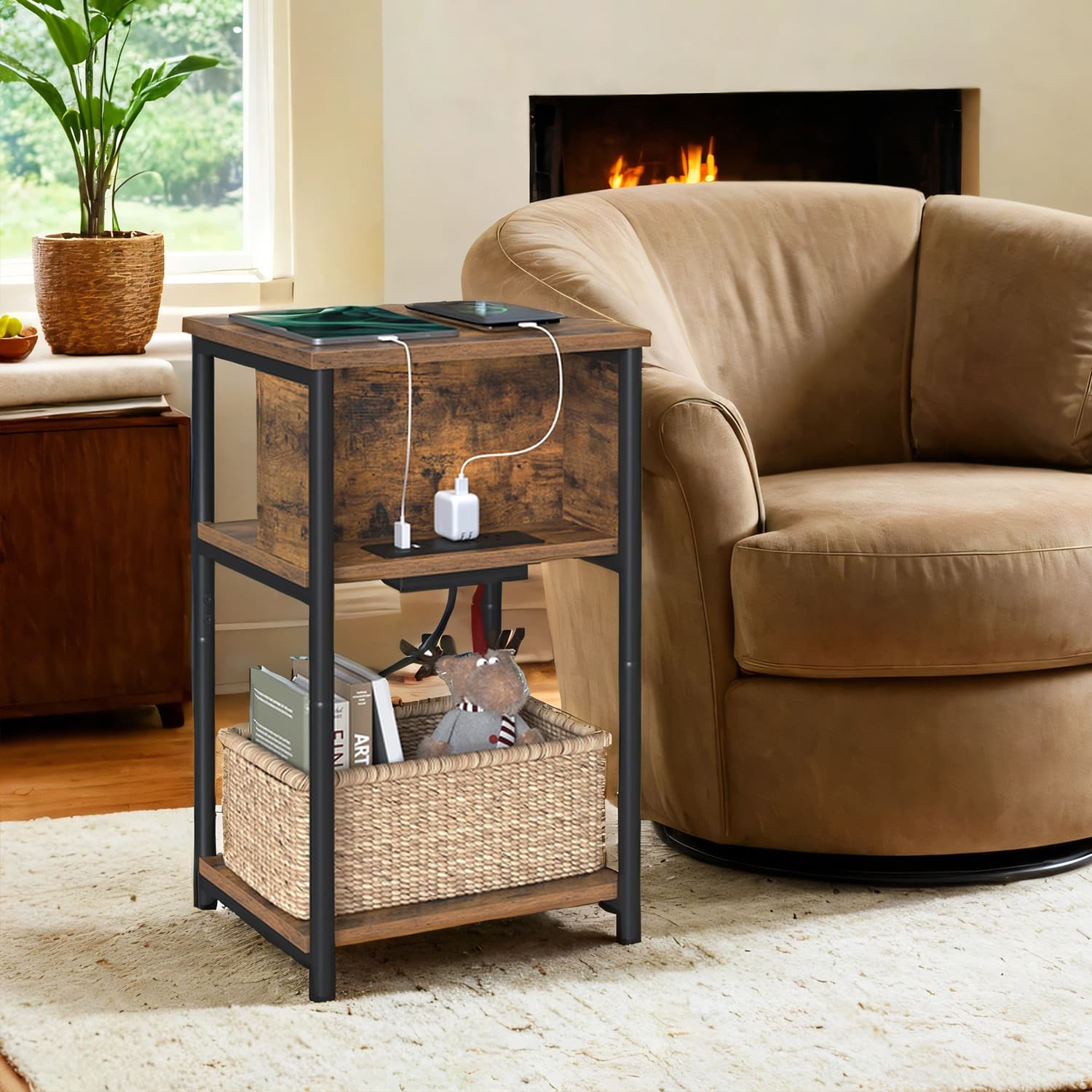 Side table, small bedside table with socket, narrow