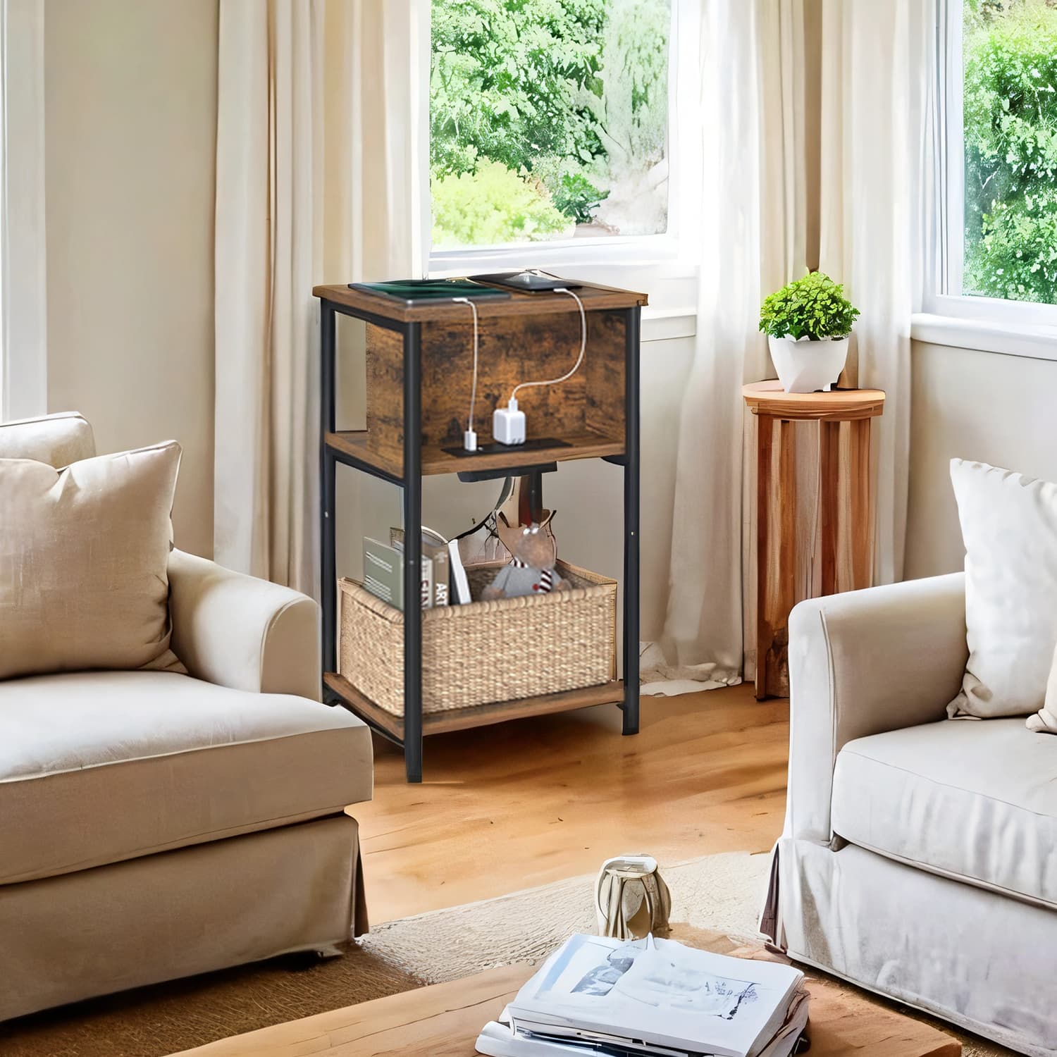 Side table, small bedside table with socket, narrow