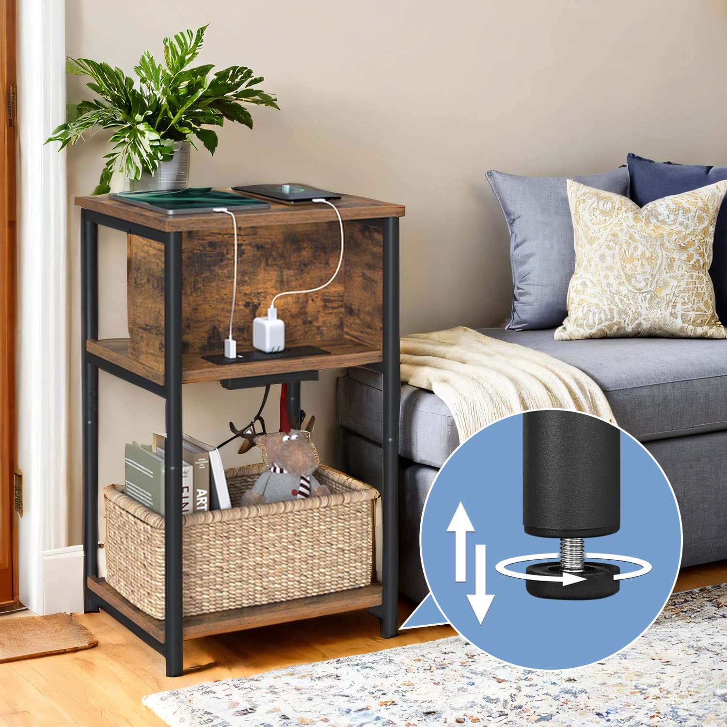 Side table, small bedside table with socket, narrow