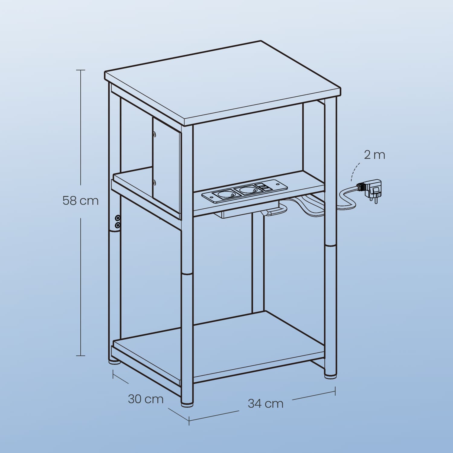 Side table, small bedside table with socket, narrow