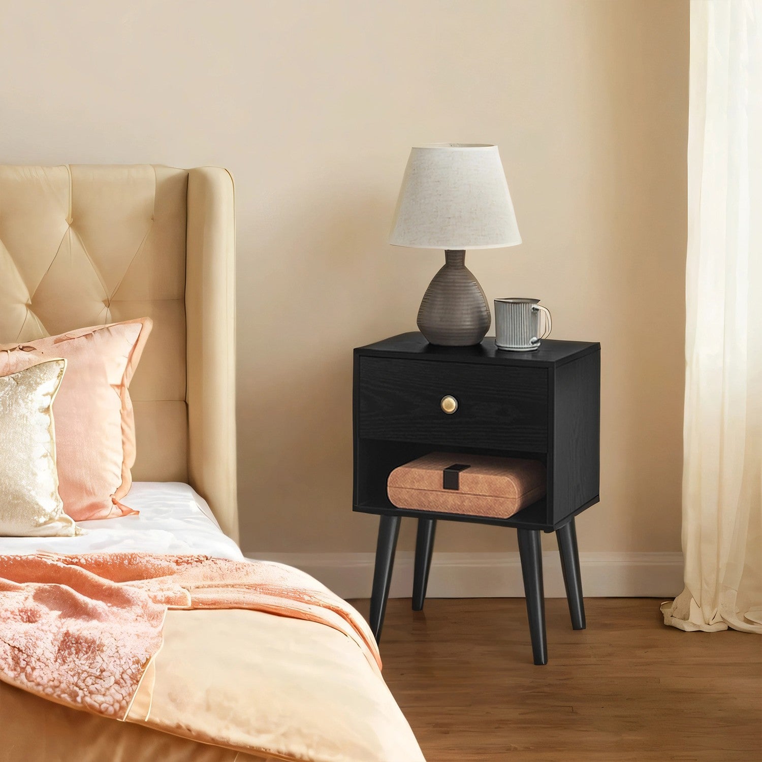 Bedside table, side table with drawer and open shelf, wooden legs